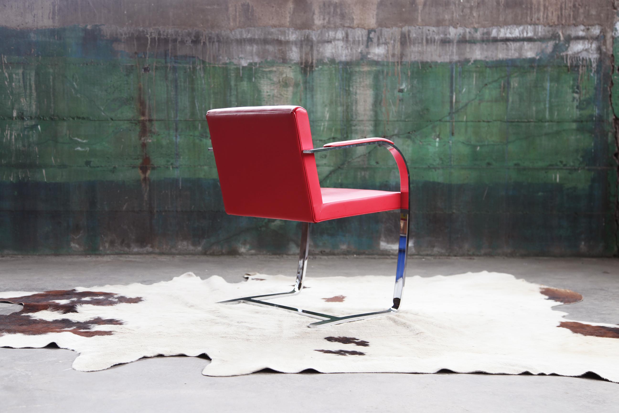 20th Century Mid Century Modern Red Flat Chromed Bar Brno Chair, by Mies Van Der Rohe For Sale