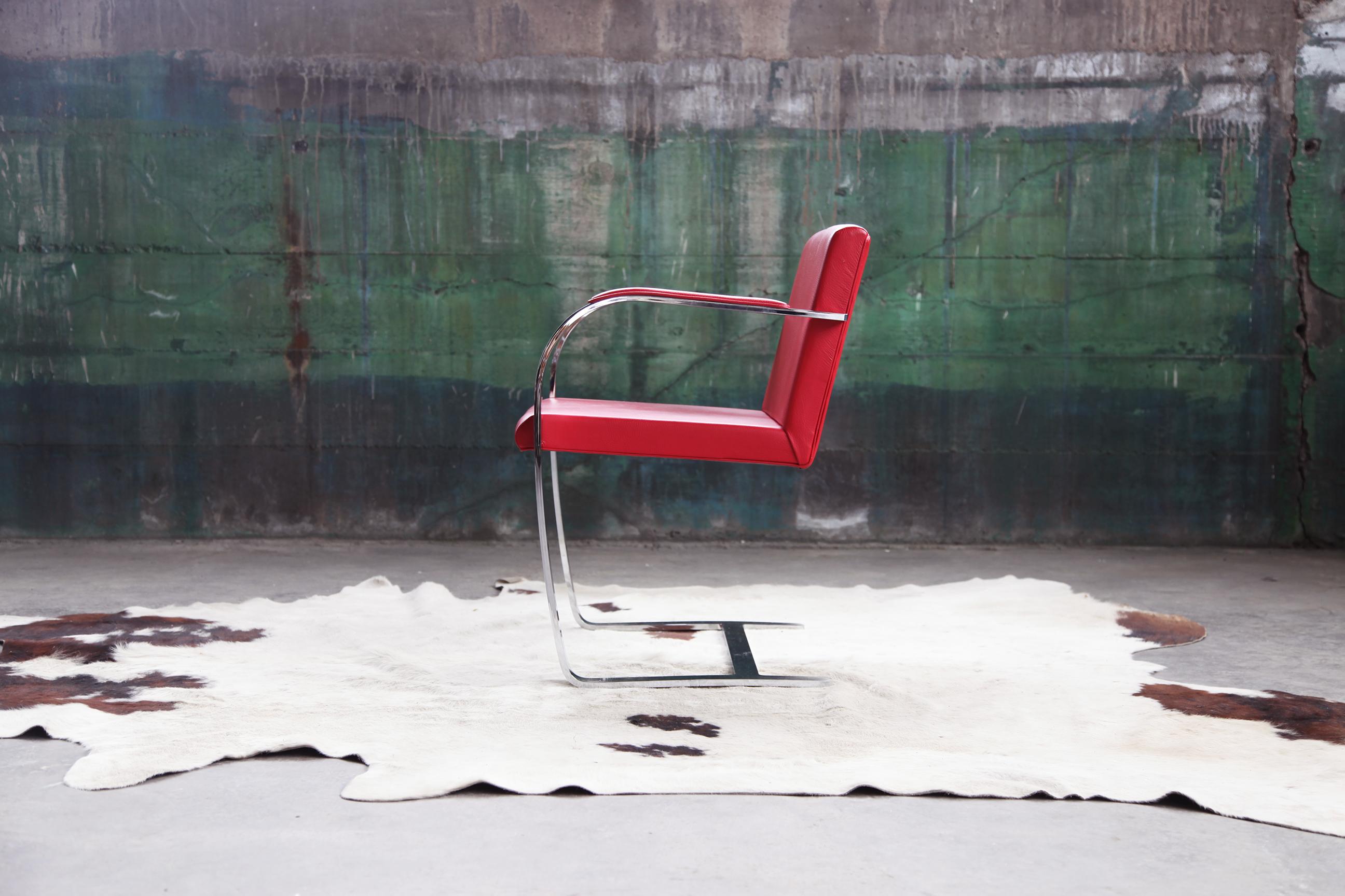 Steel Mid Century Modern Red Flat Chromed Bar Brno Chair, by Mies Van Der Rohe For Sale