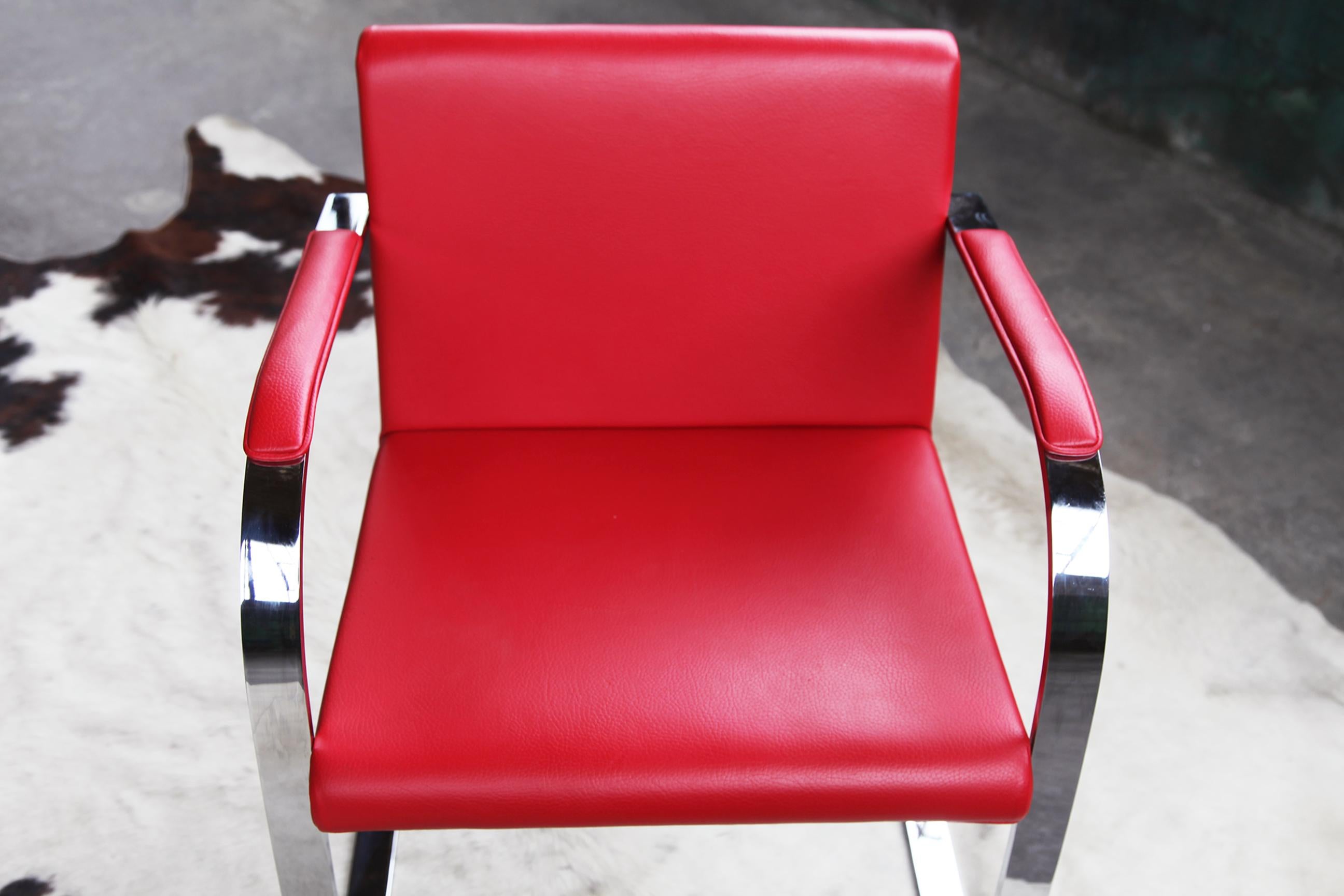 Mid Century Modern Red Flat Chromed Bar Brno Chair, by Mies Van Der Rohe For Sale 1