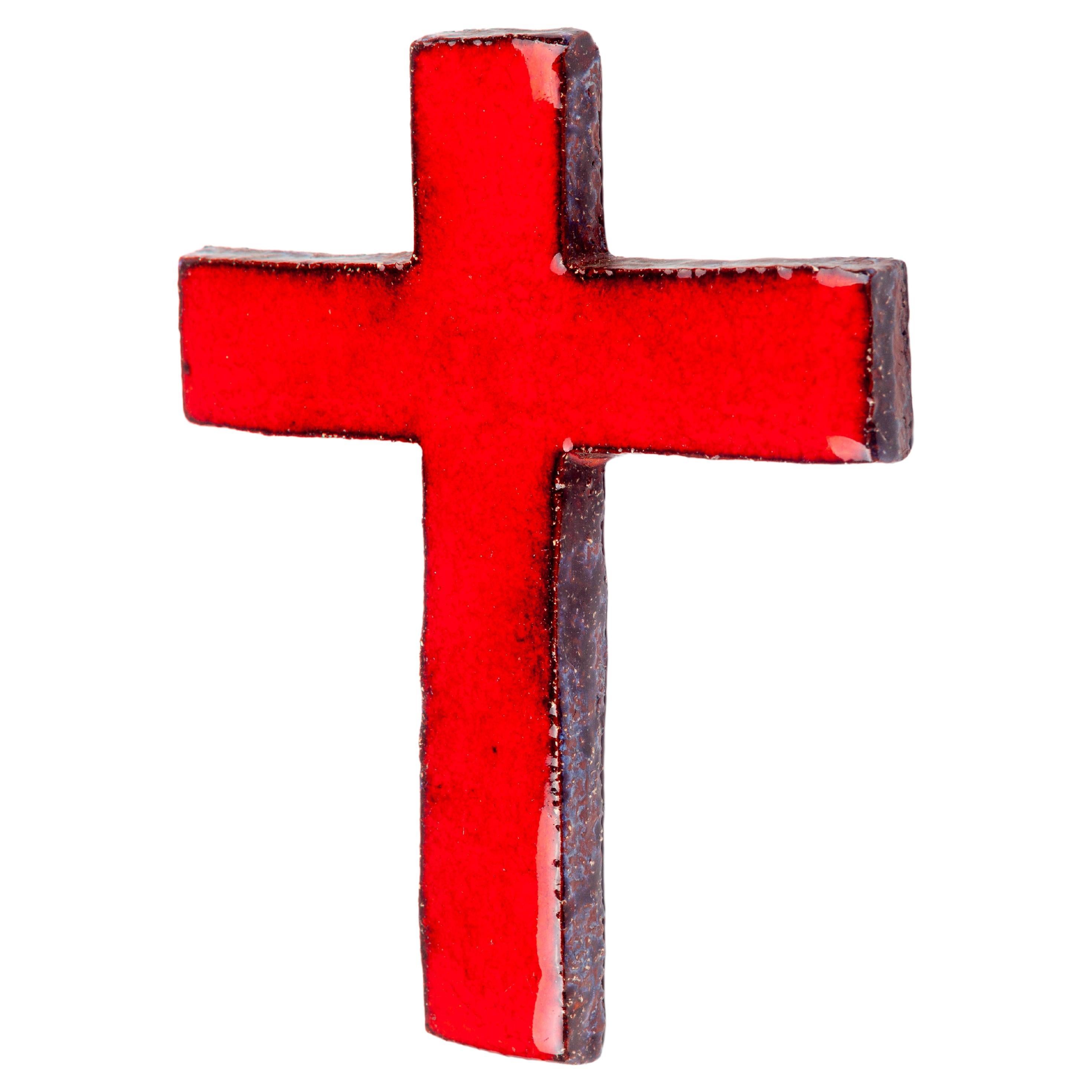 Rotes glasiertes Keramikkreuz, Mid-Century Modern