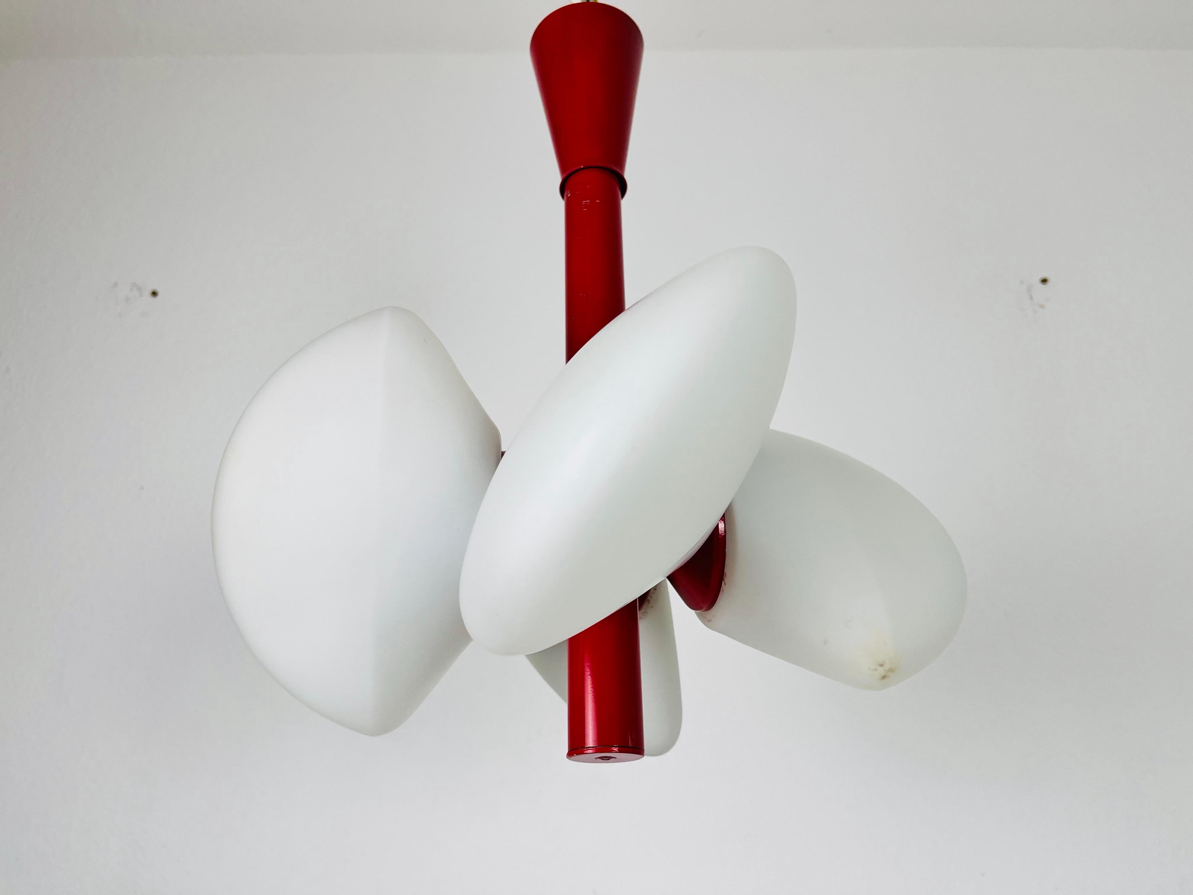 Opaline Glass Mid-Century Modern Red Kaiser 4-Arm Space Age Chandelier, 1960s, Germany For Sale
