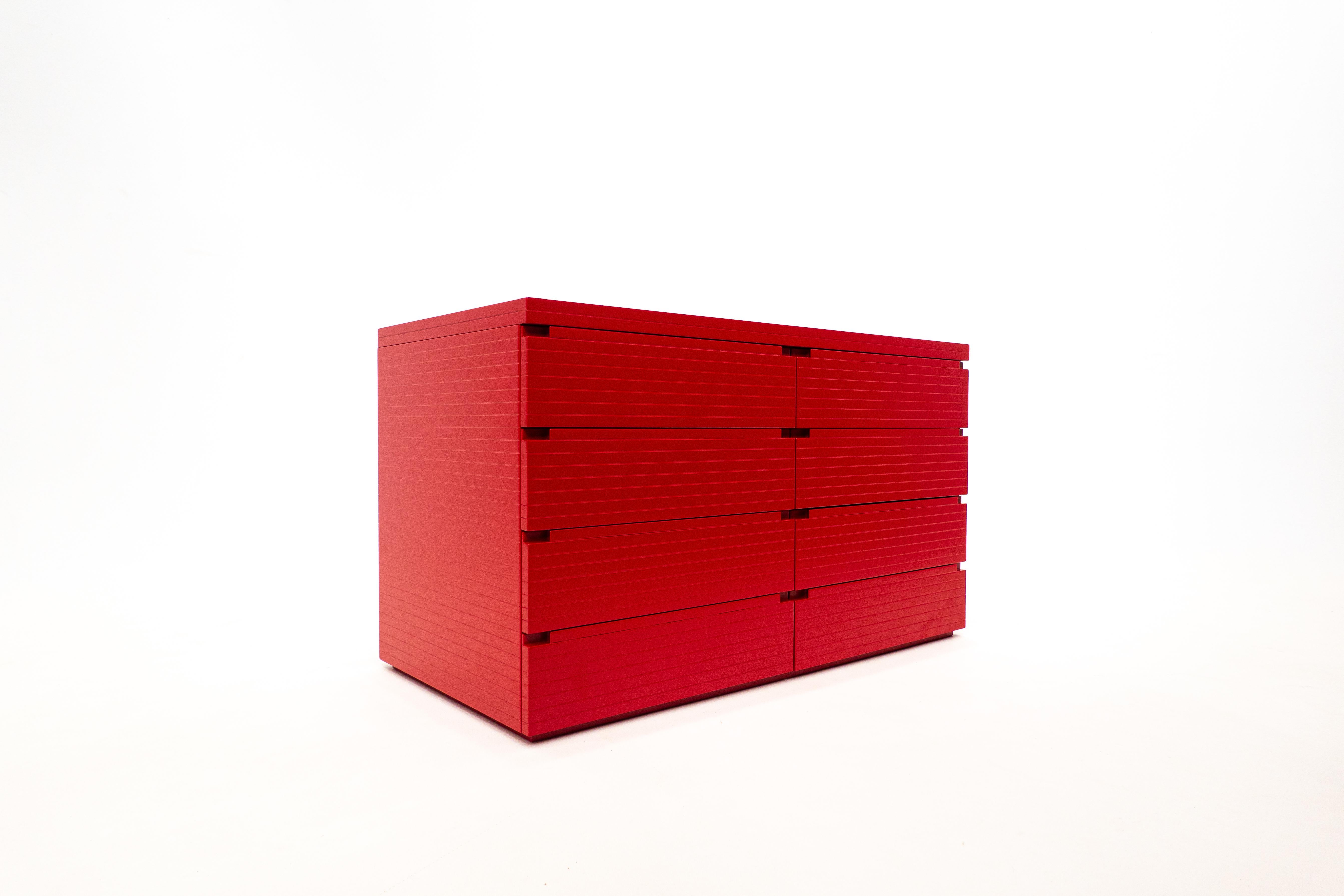 Mid-Century Modern red lacquered chest of drawers, 1960s.