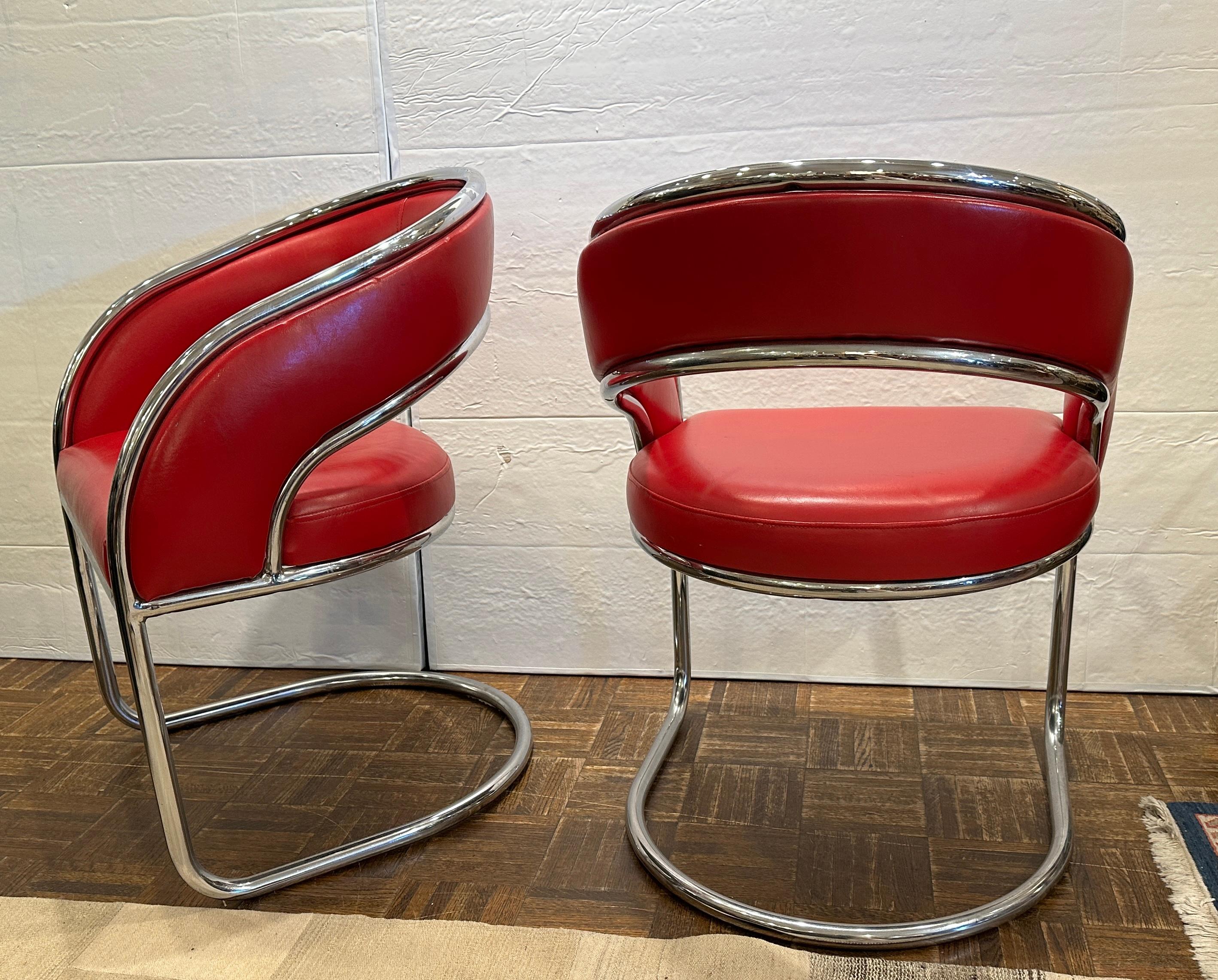 Italian Mid Century Modern Red Leather Lounge Chairs, Pair For Sale