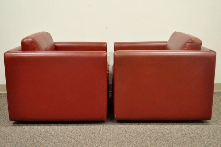 MidCentury Modern Red Leather Cube Club Lounge Chairs on Casters, a