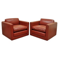 Mid-Century Modern Red Leather Cube Club Lounge Chairs on Casters, a Pair