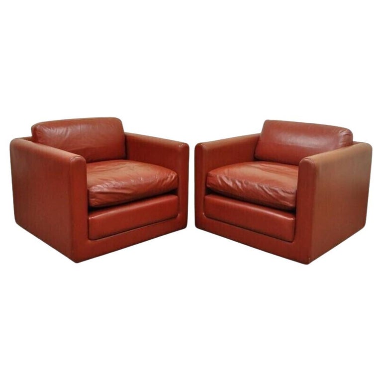 MidCentury Modern Red Leather Cube Club Lounge Chairs on Casters, a