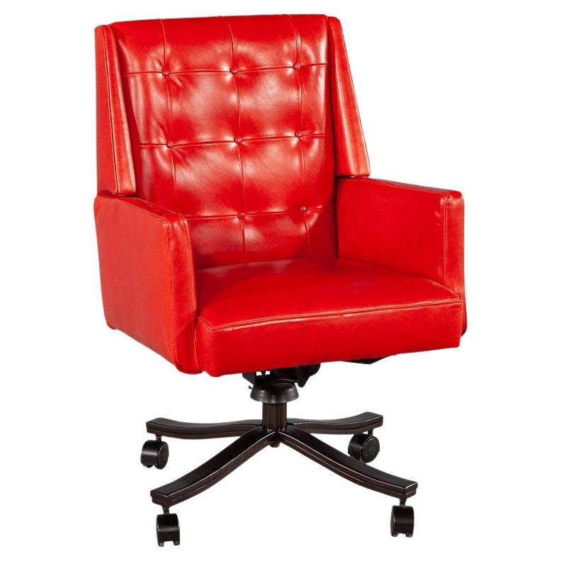 Mid-Century Modern Red Leather Swivel Office Chair