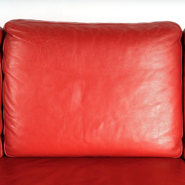 Mid Century Modern Red Leather Three Seat Sofa With Rattan Sides from