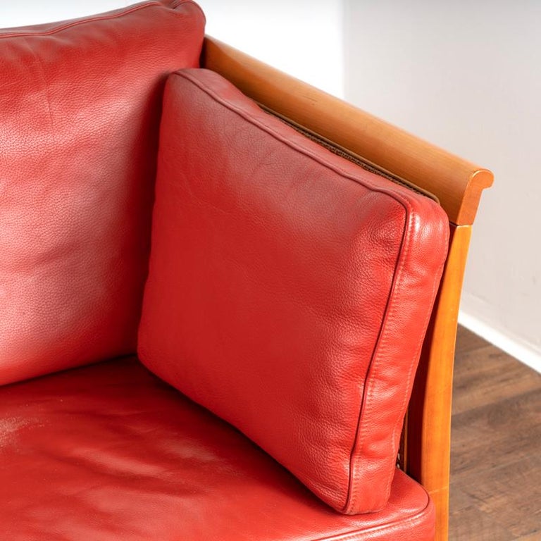 Mid Century Modern Red Leather Three Seat Sofa With Rattan Sides from