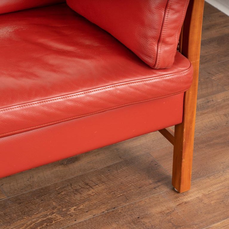 Mid Century Modern Red Leather Three Seat Sofa With Rattan Sides from