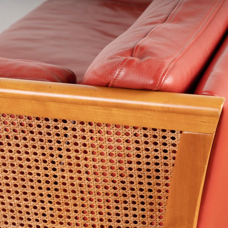 Mid Century Modern Red Leather Three Seat Sofa With Rattan Sides from Denmark For Sale 2