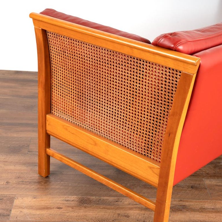 Mid Century Modern Red Leather Three Seat Sofa With Rattan Sides from