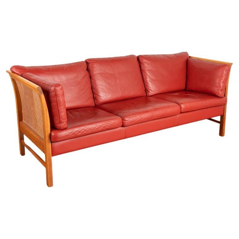 Mid Century Modern Red Leather Three Seat Sofa With Rattan Sides from