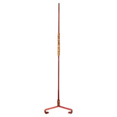 Mid-Century Modern Red Leather Wrapped Floor Lamp With Bamboo Accent