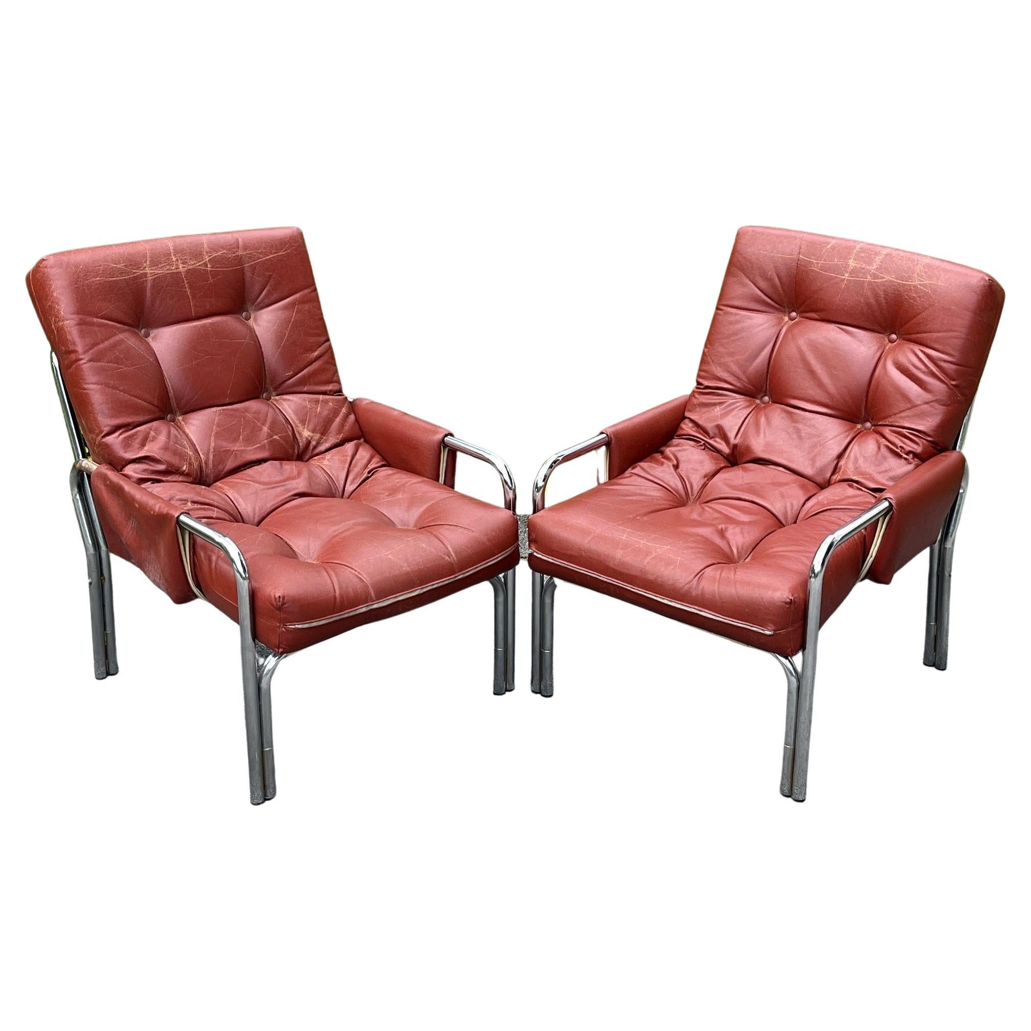 Mid-Century Modern Red Lounge Armchairs Italy 1970s Set of 2 For Sale