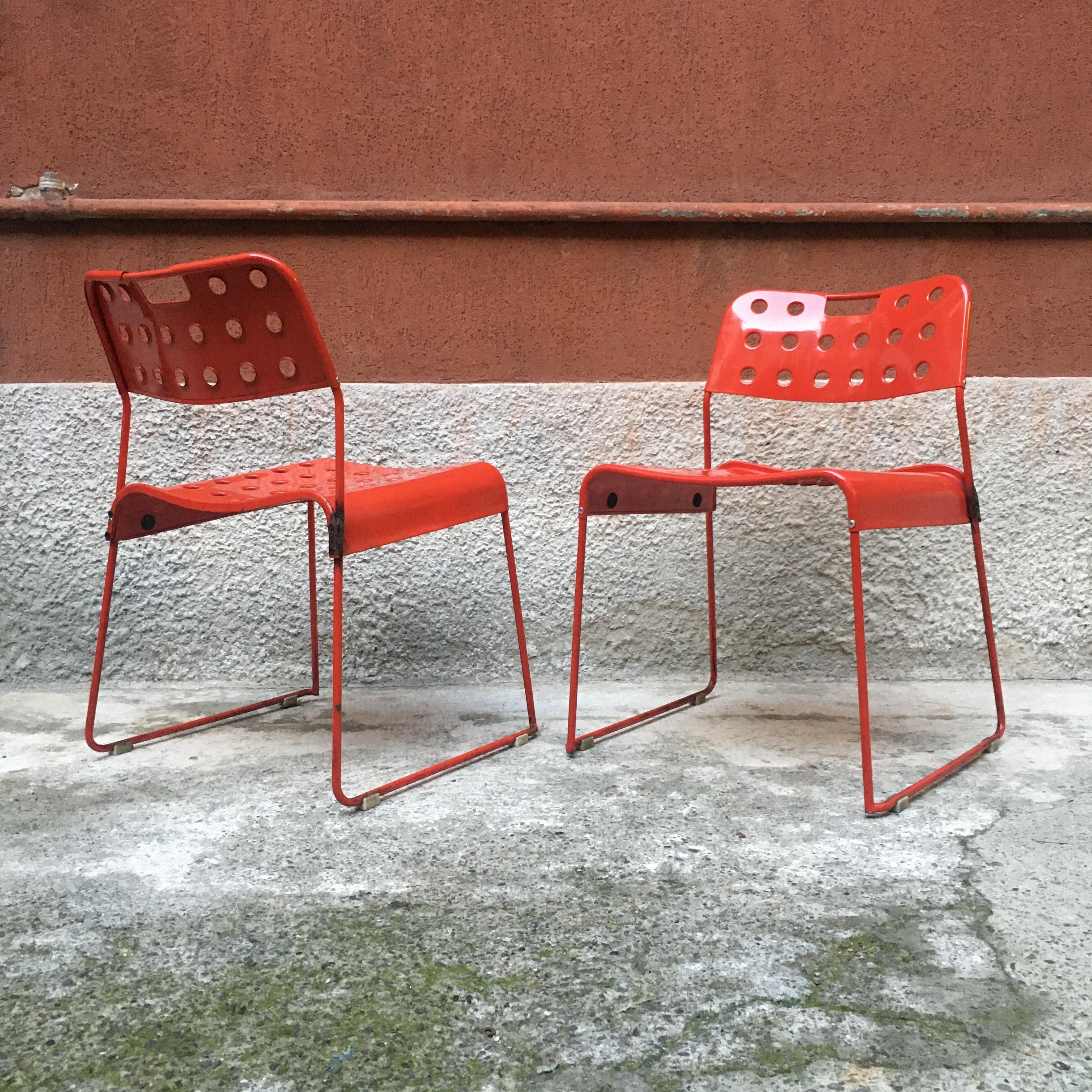 Mid-Century Modern red Omstak chairs by Rodney Kinsman for Bieffeplast, 1972
Rodney Kinsman “Omstak” chair manufactured by Bieffeplast in the 1970s in Italy.
Seat and back rest made of red lacquered, perforated metal attached to a red steel