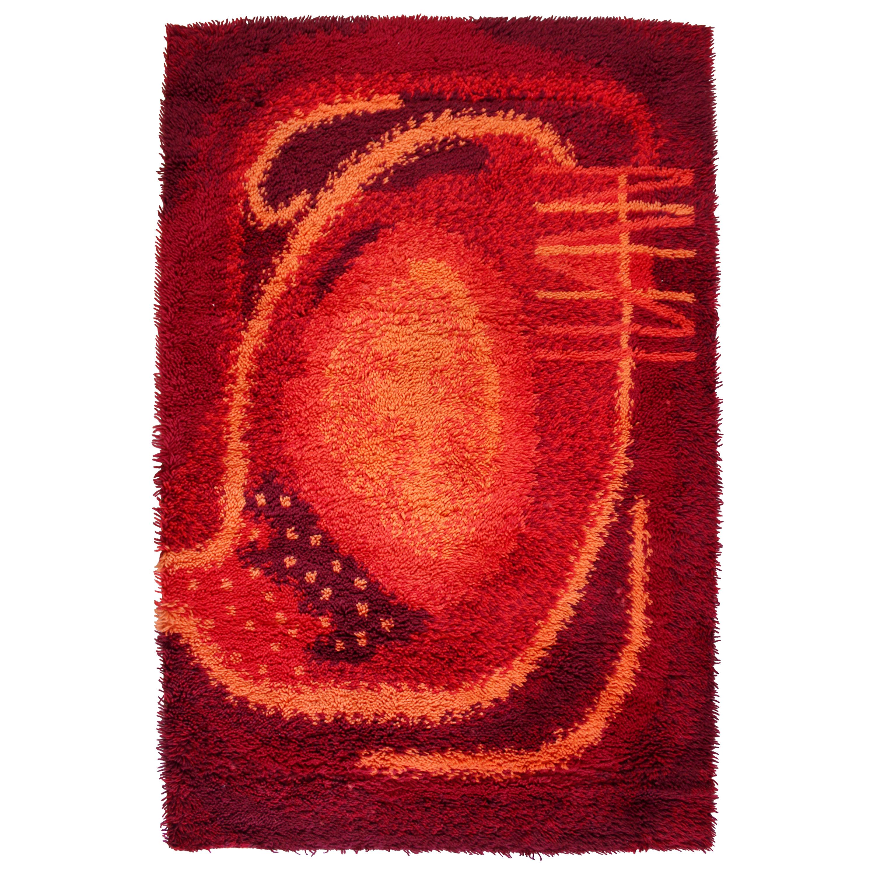 Mid-Century Modern Red Orange Rectangular Danish Rya Shag Area Rug, 1960s