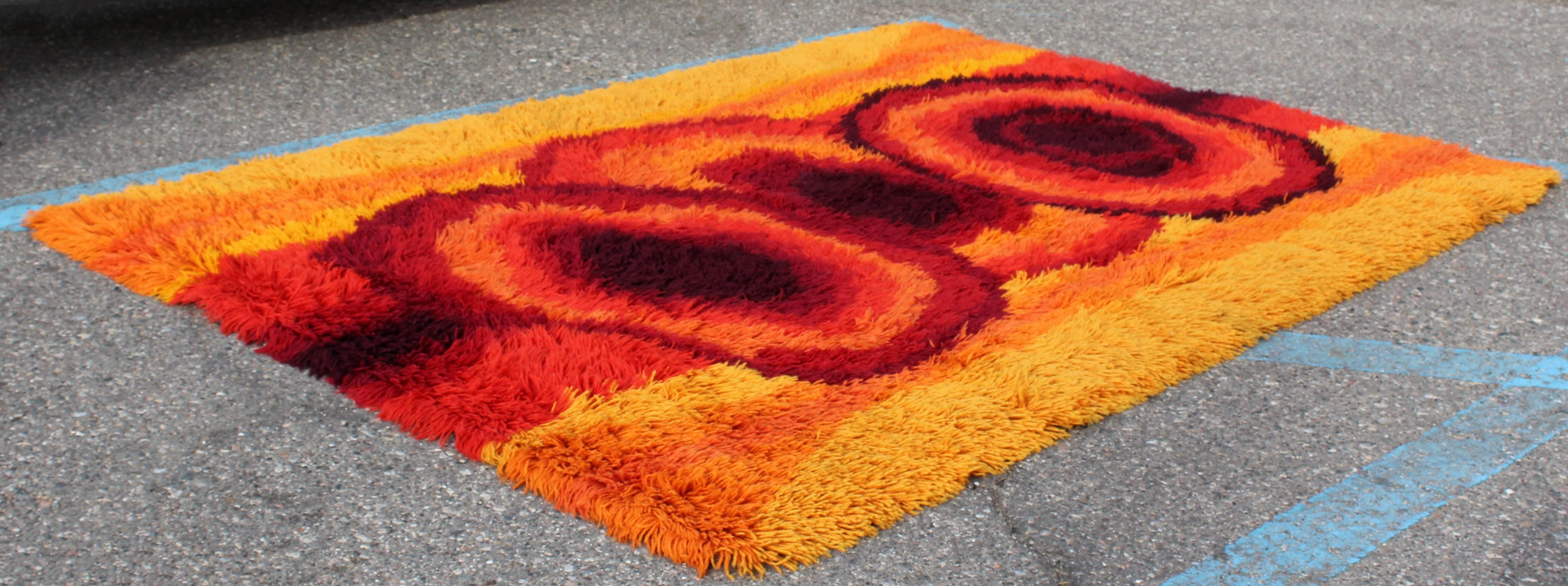 Late 20th Century Mid-Century Modern Red Orange Rya Shag Area Rug Carpet 1970s