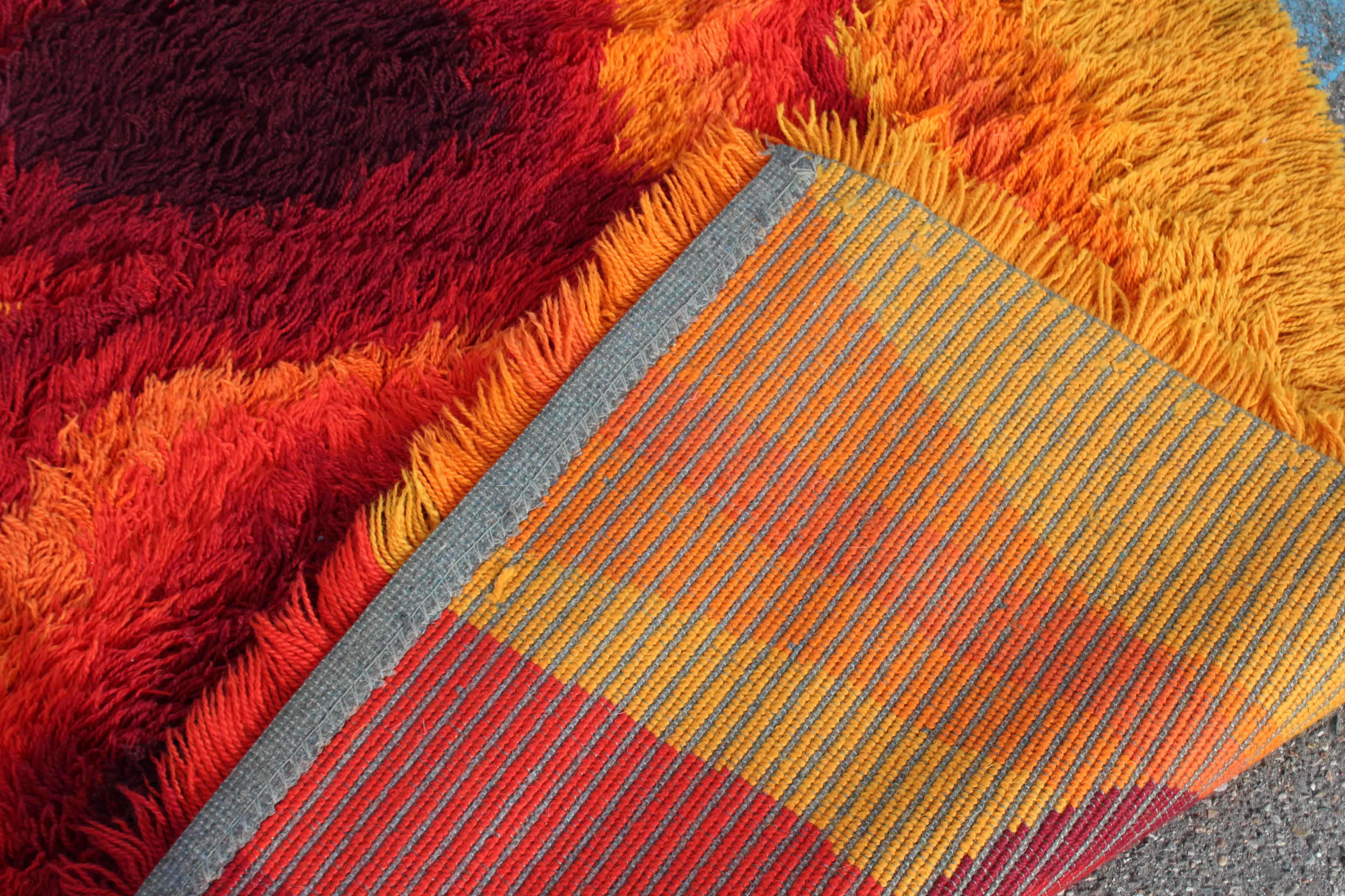 Mid-Century Modern Red Orange Rya Shag Area Rug Carpet 1970s 1