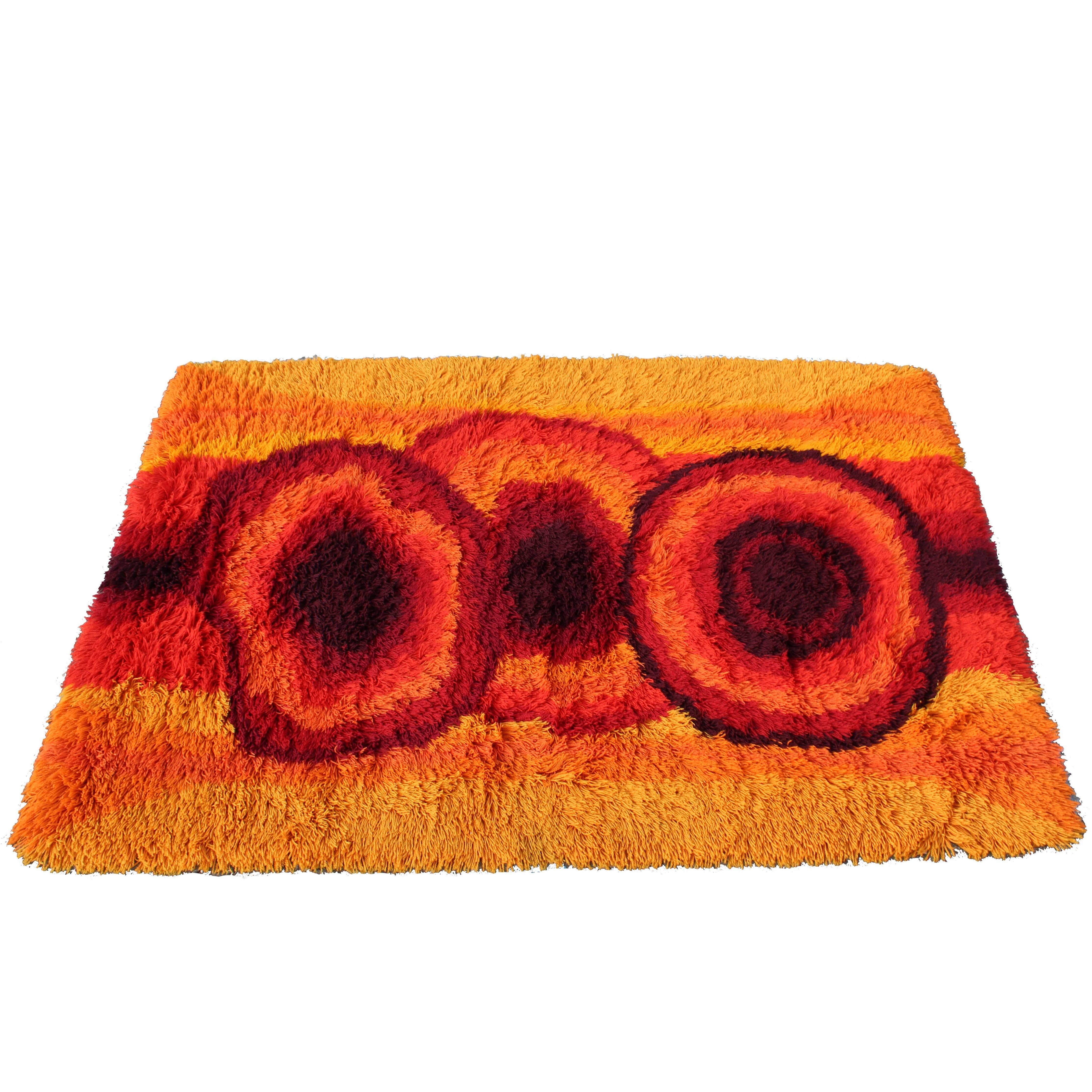 Mid-Century Modern Red Orange Rya Shag Area Rug Carpet 1970s