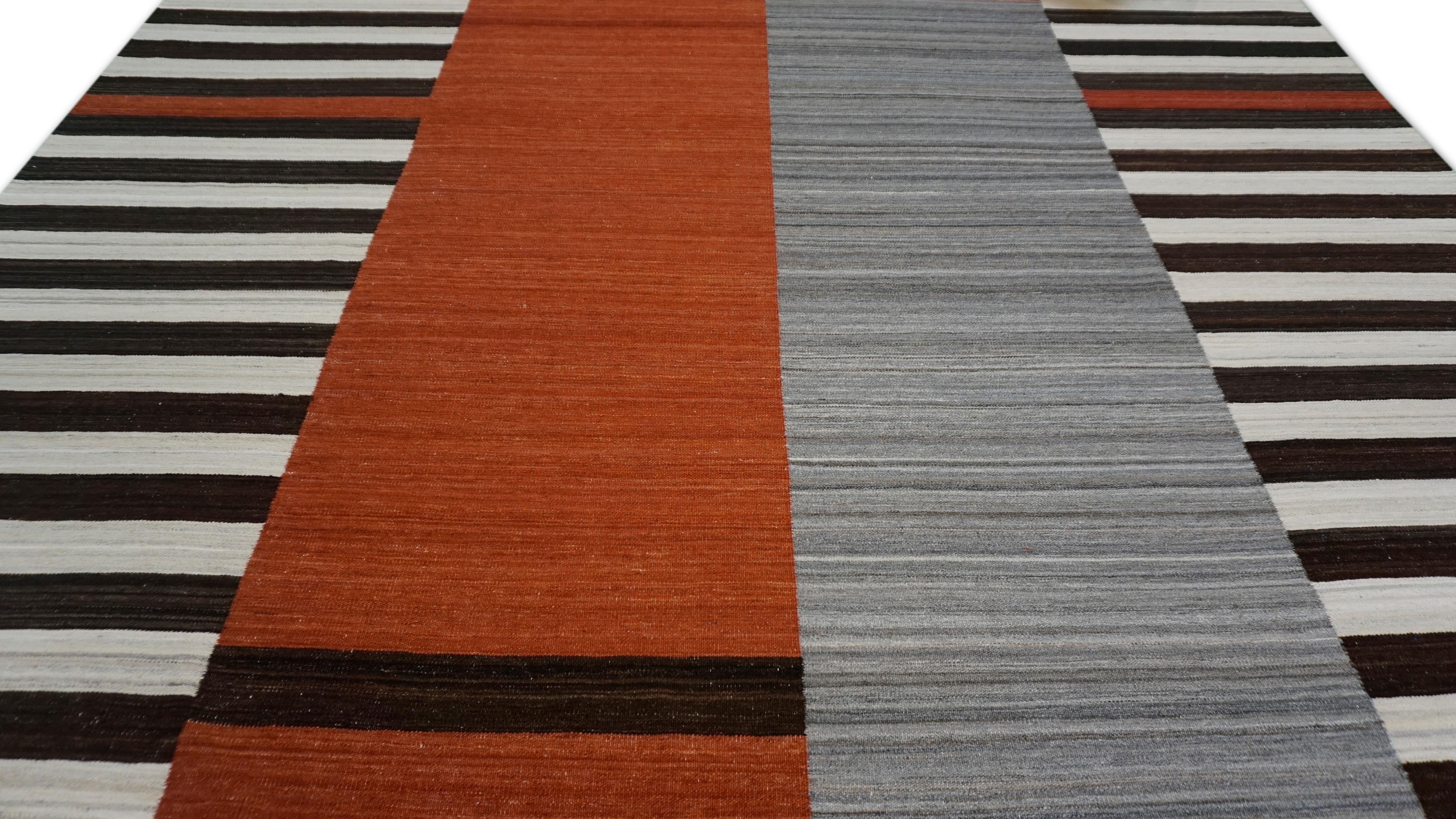 Pakistani Mid-Century Modern Red-Orange Striped Wool Rug 9'4''x11'9'' For Sale