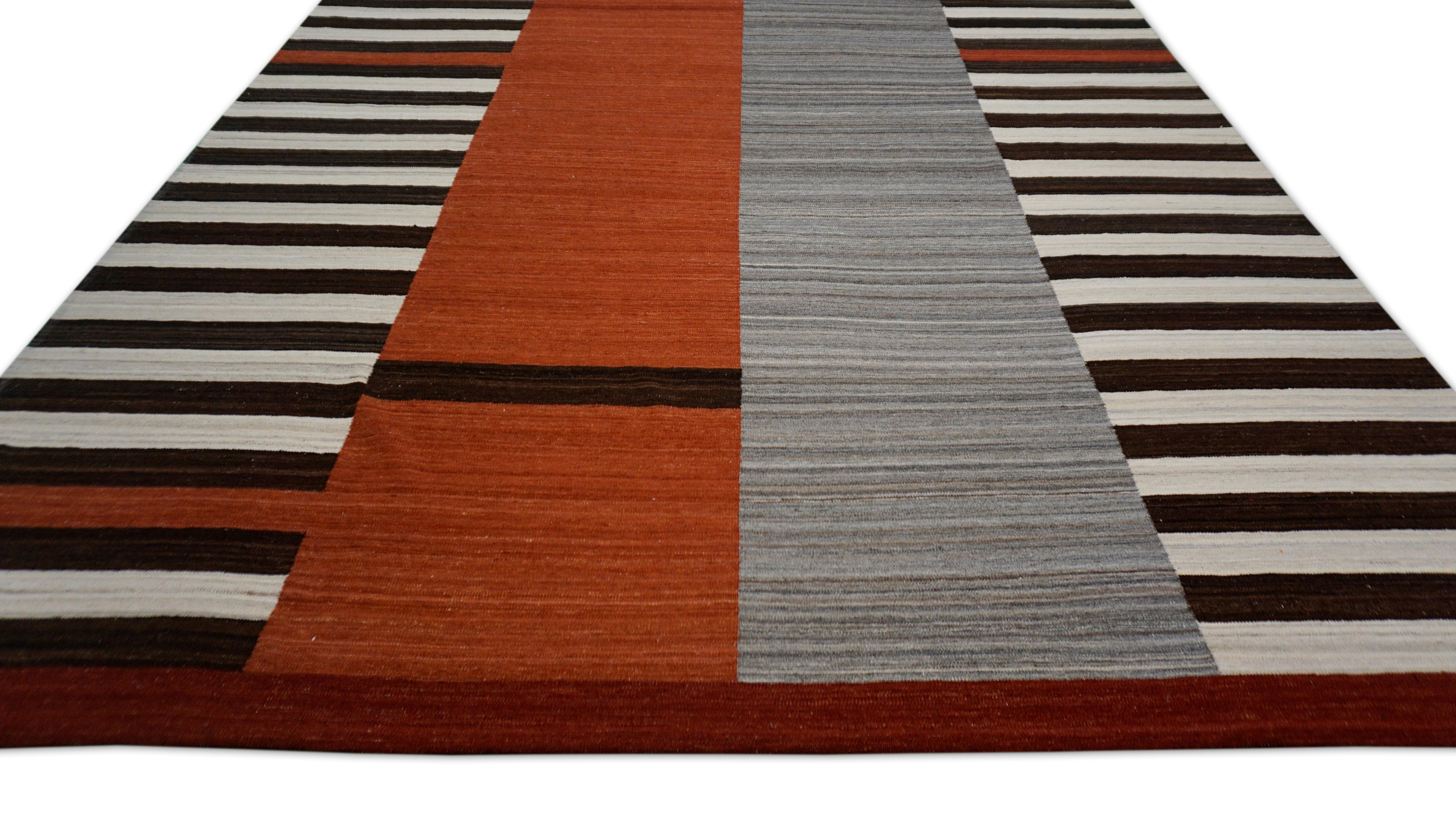 Hand-Woven Mid-Century Modern Red-Orange Striped Wool Rug 9'4''x11'9'' For Sale