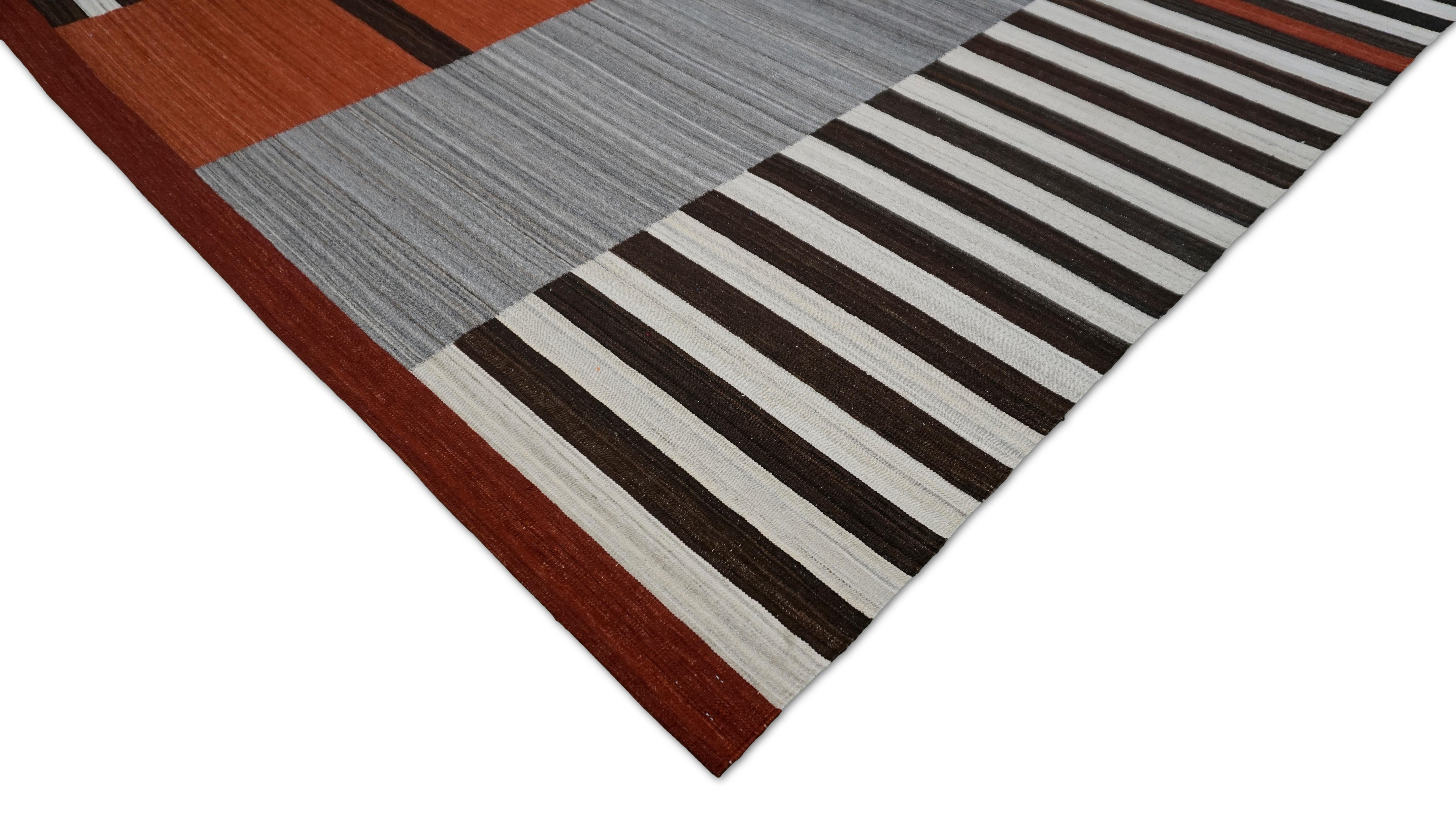 Mid-Century Modern Red-Orange Striped Wool Rug 9'4''x11'9'' In New Condition For Sale In Torrance, CA
