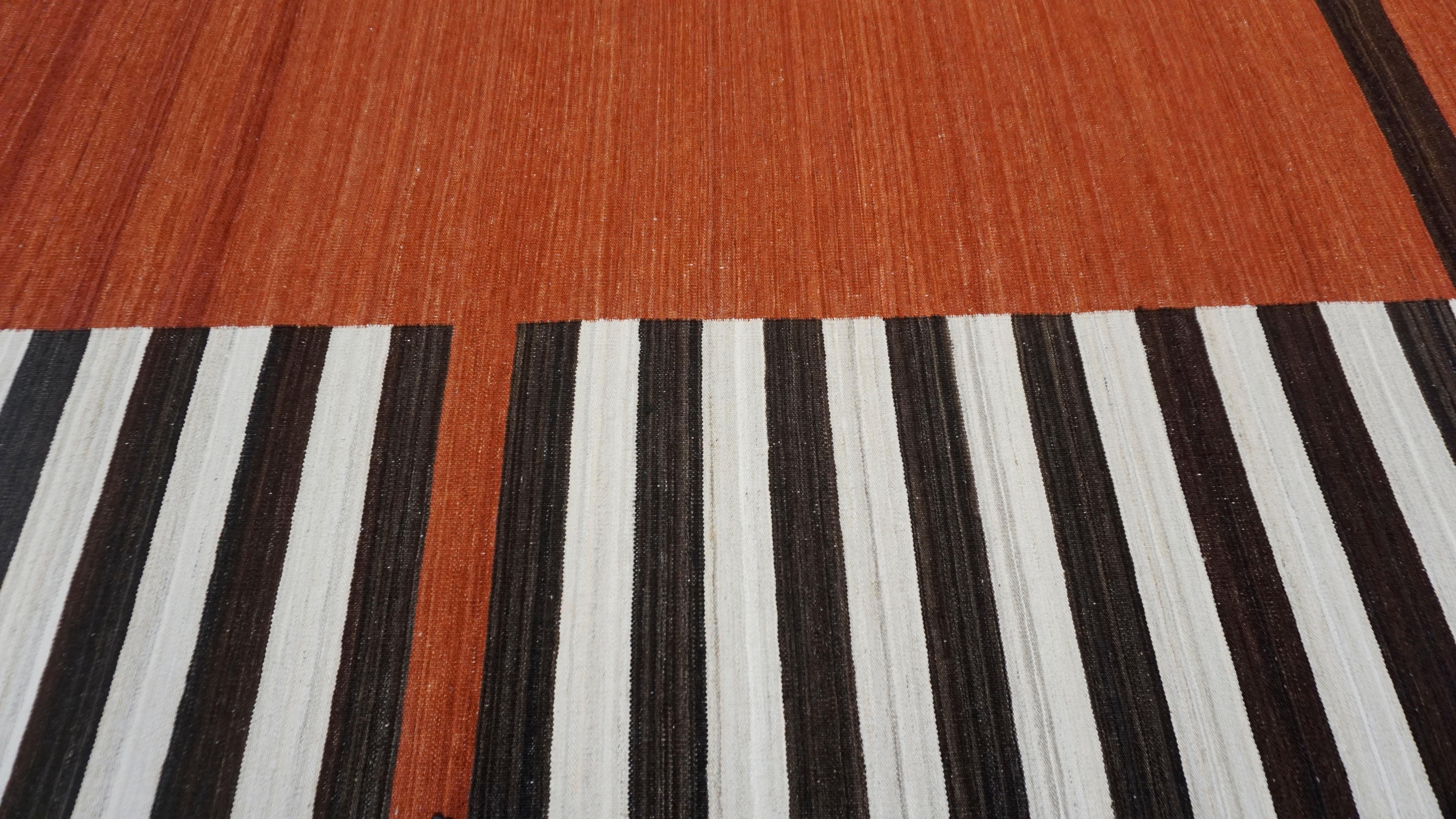 Mid-Century Modern Red-Orange Striped Wool Rug 9'4''x11'9'' For Sale 3