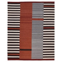 Mid-Century Modern Red-Orange Striped Wool Rug 9'4''x11'9''