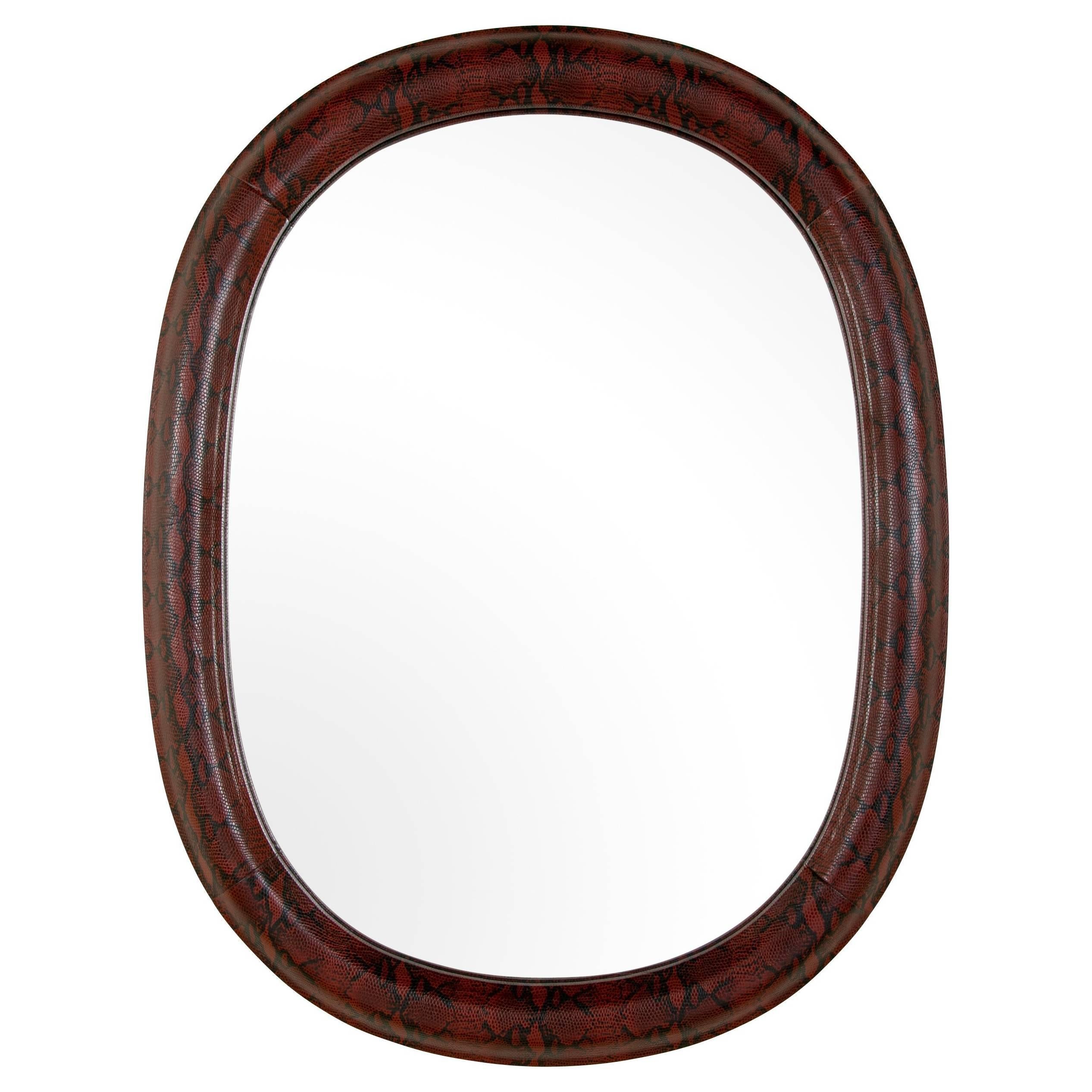 Mid-Century Modern Red Snakeskin Mirror in Embossed Leather