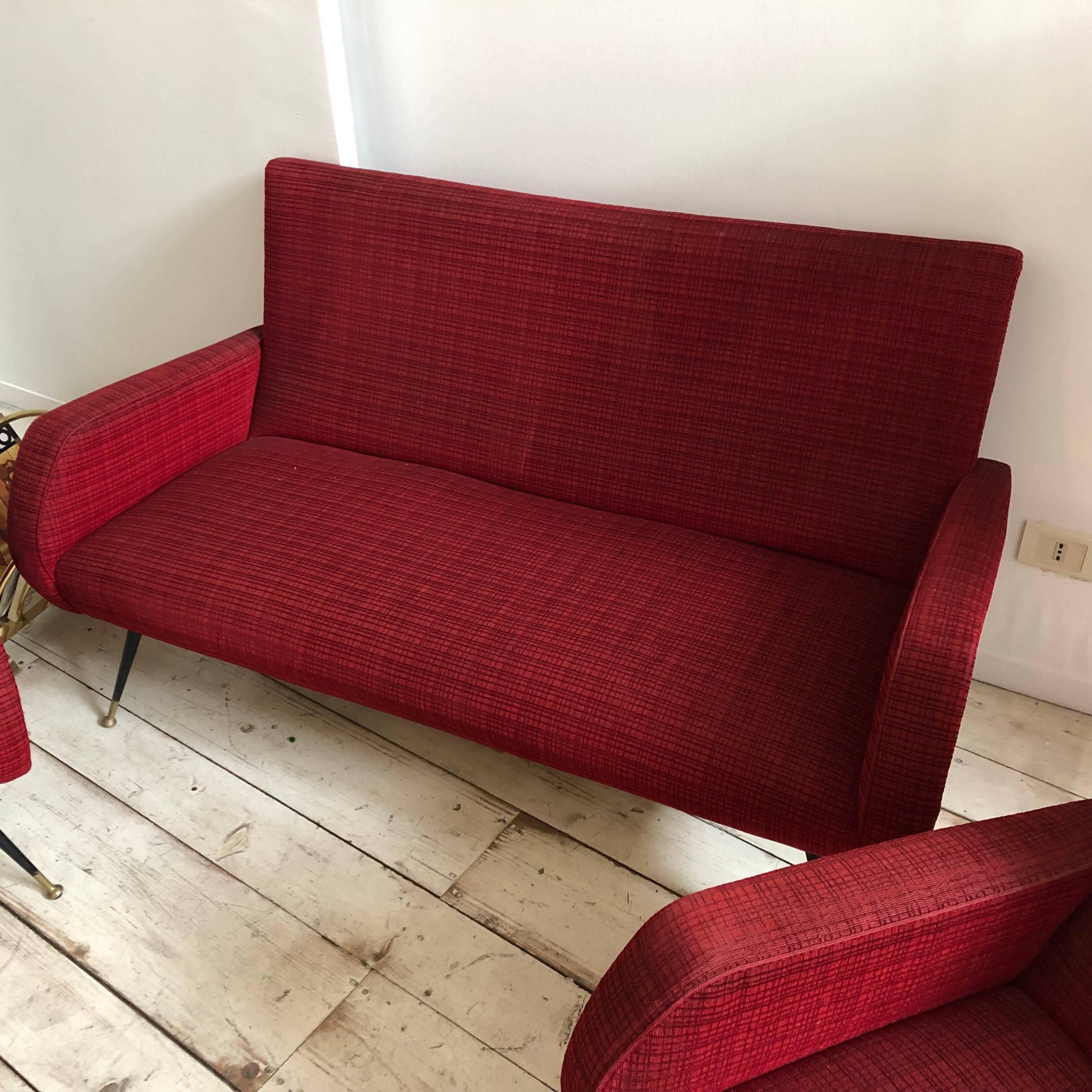 Italian Mid-Century Modern Red fabric Sofa and Armchairs, Italy, circa 1950