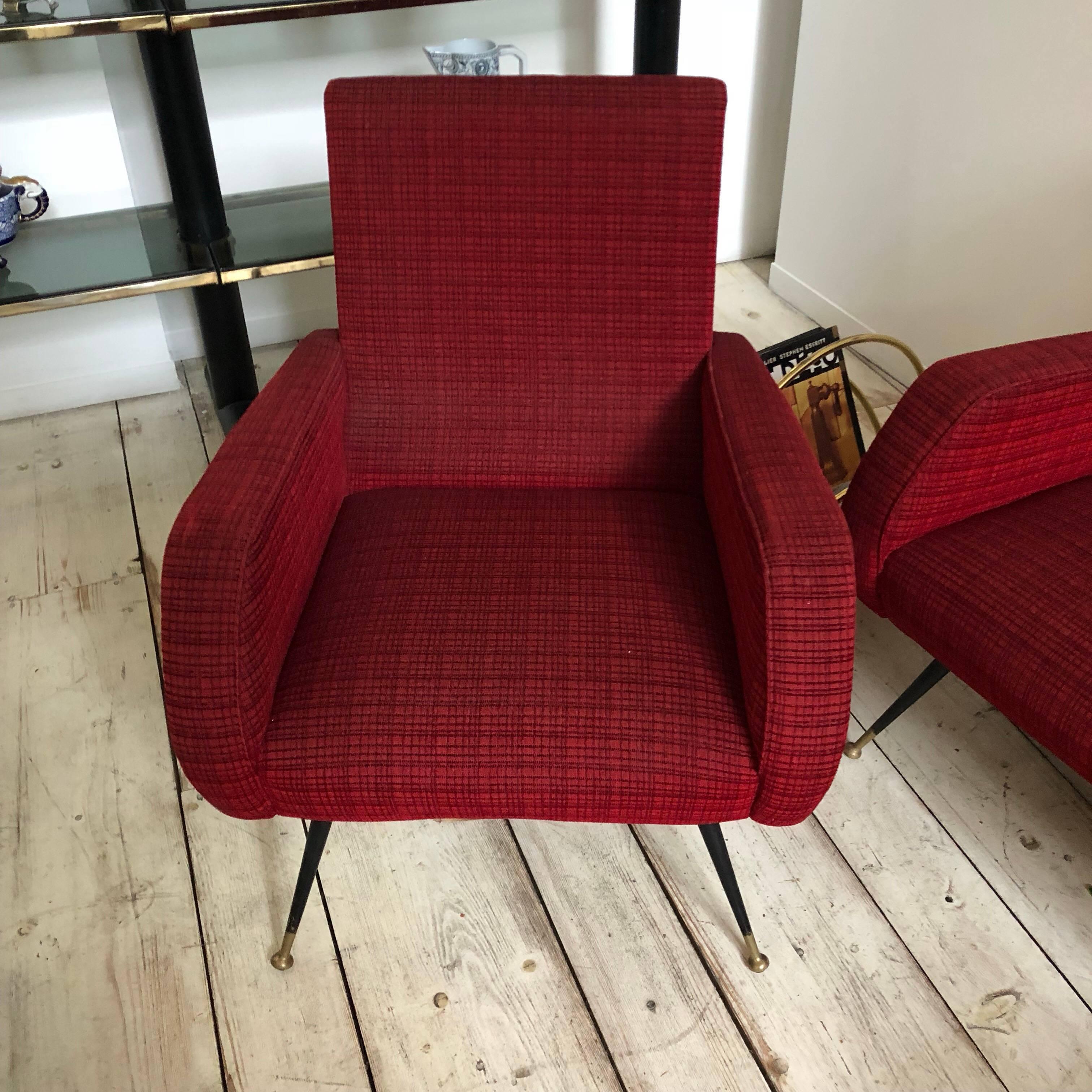 Mid-Century Modern Red fabric Sofa and Armchairs, Italy, circa 1950 In Good Condition In Aci Castello, IT