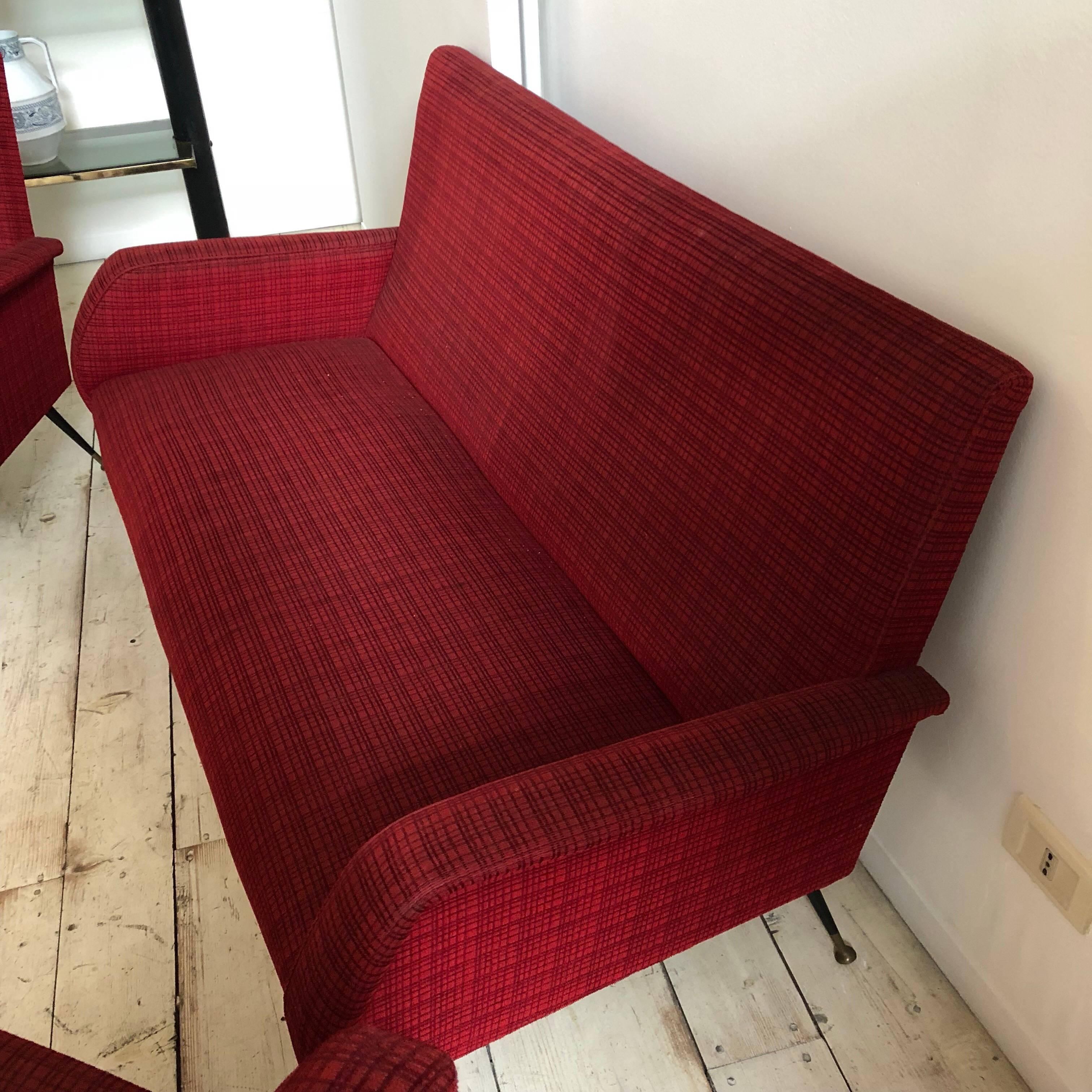 Mid-Century Modern Red fabric Sofa and Armchairs, Italy, circa 1950 1