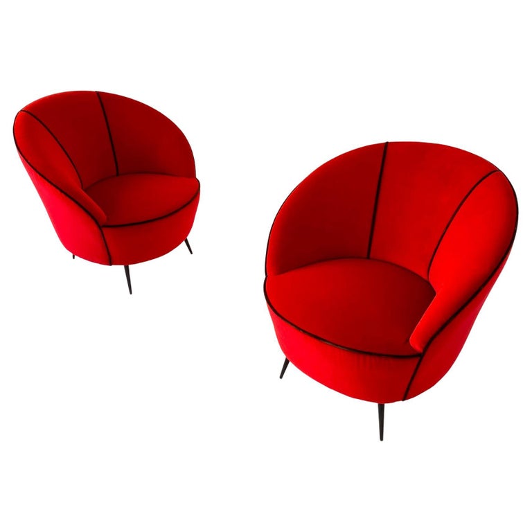 MidCentury Modern Red Velvet Lounge Chairs by Federico Munari, Italy