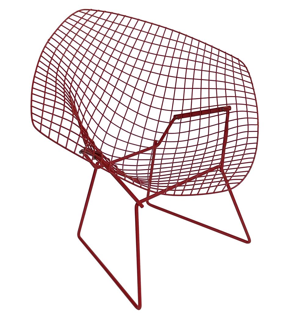 A classic diamond chair designed by Harry Bertoia and produced by Knoll. This chair features a red factory powder coat. Always used indoors but could be used as a patio chair.