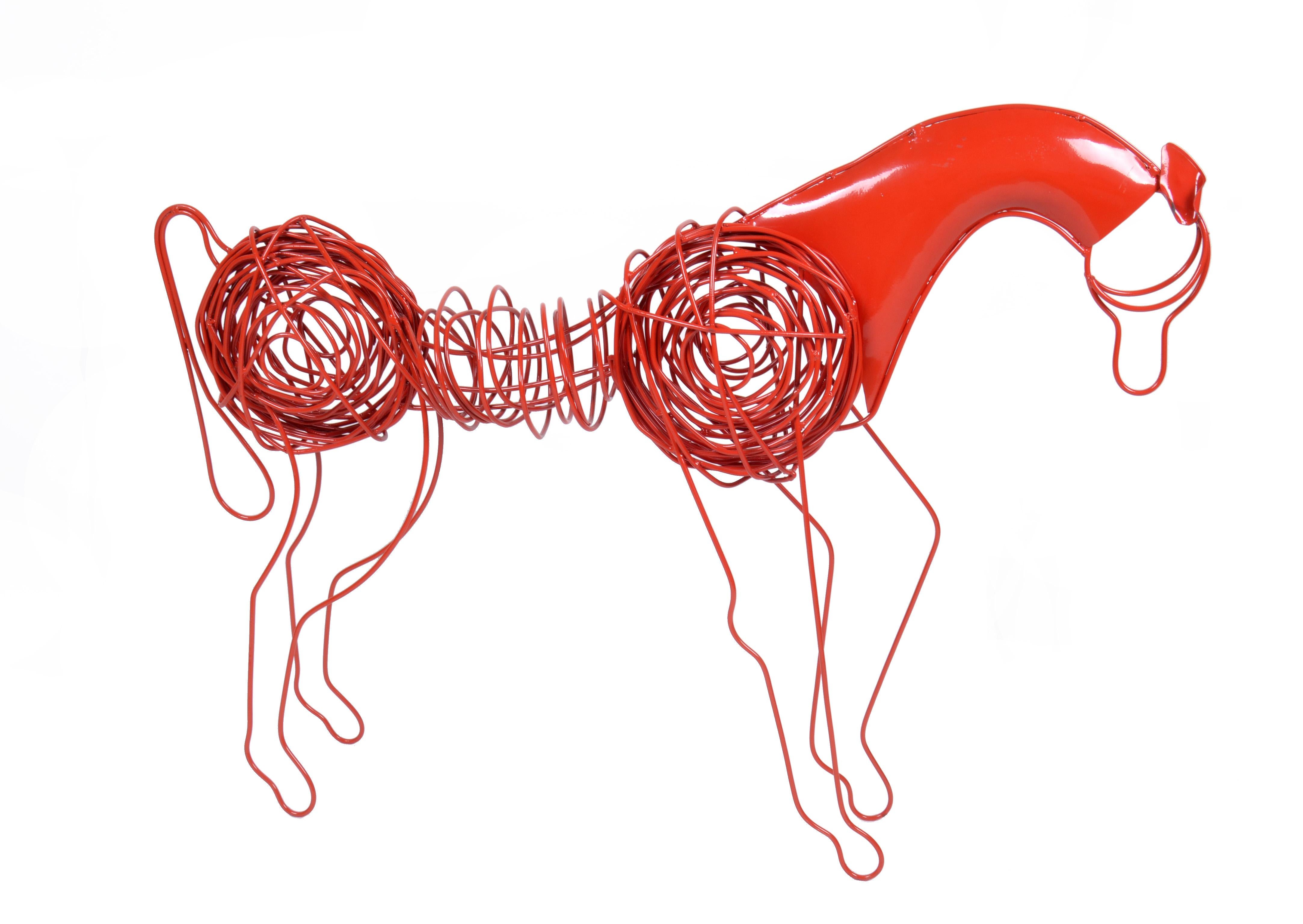 Huge Mid-Century Modern red wire horse sculpture.