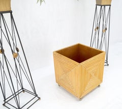 Mid-Century Modern Reed Bamboo Rattan Square Cube Shape Planter Stand on Wheels