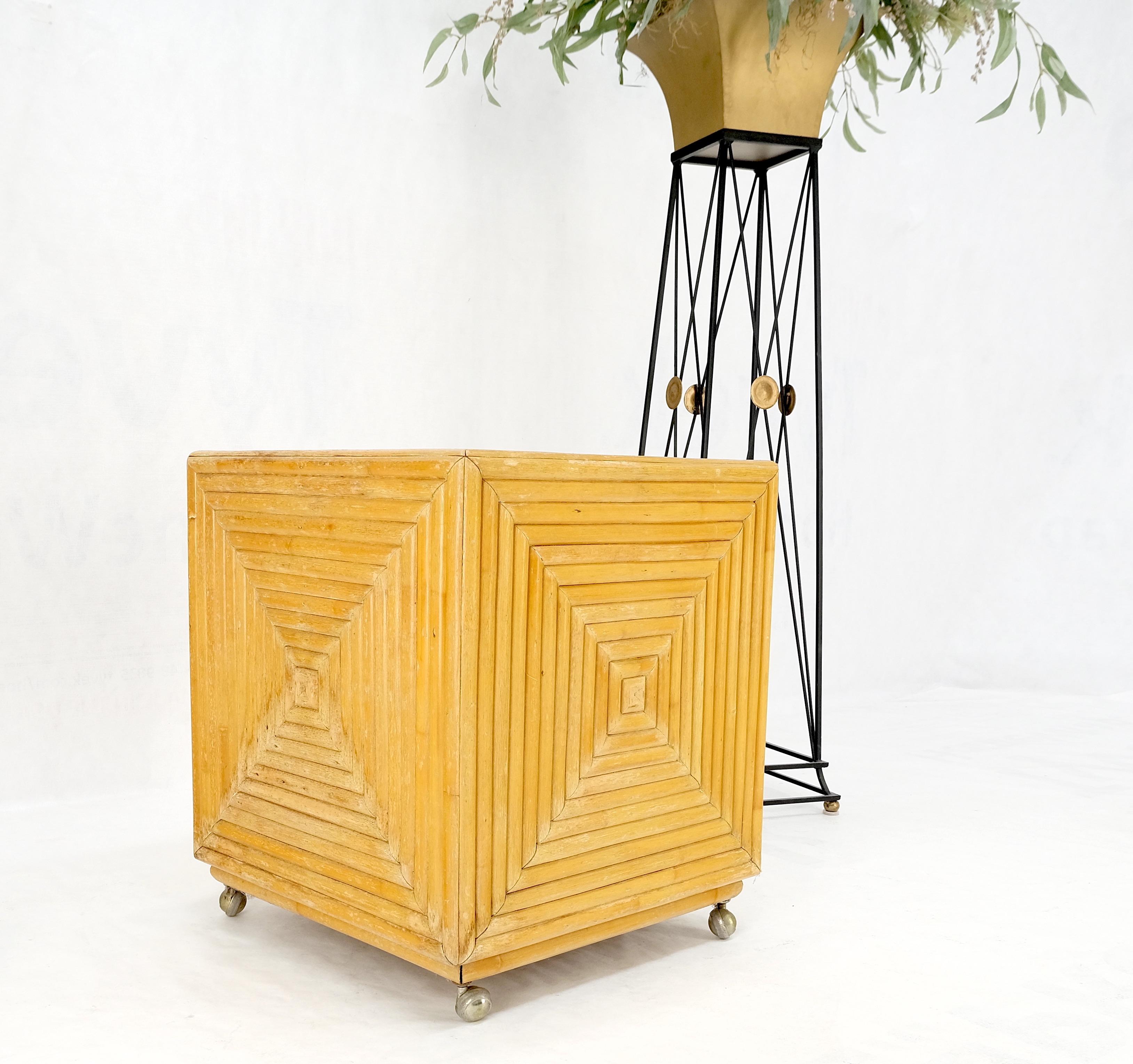 Lacquered Mid-Century Modern Reed Bamboo Rattan Square Cube Shape Planter Stand on Wheels For Sale