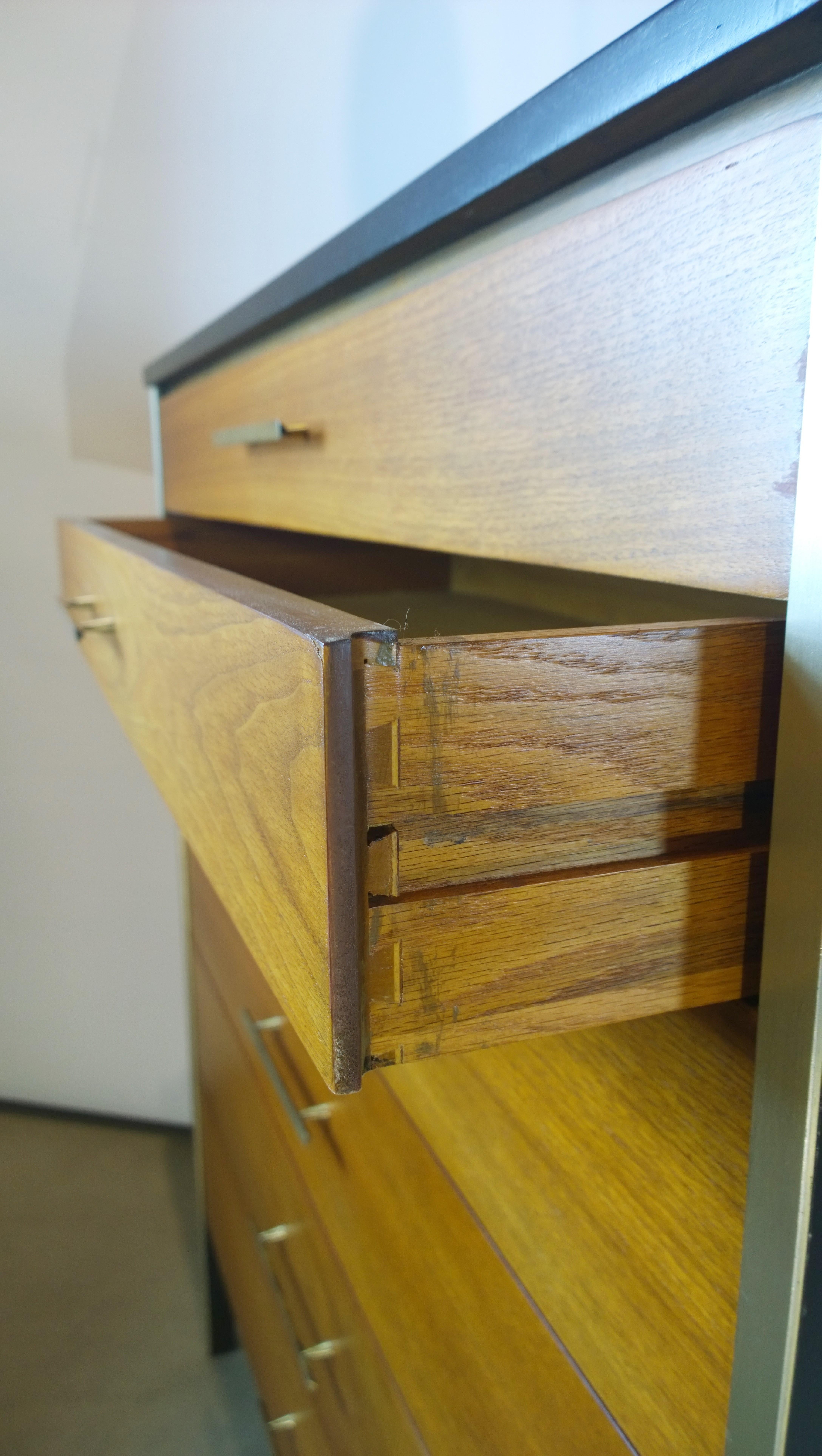 Black Frame & Natural Walnut 6-Drawer w/ Brass Pulls Chest of Drawers / High Boy For Sale 3