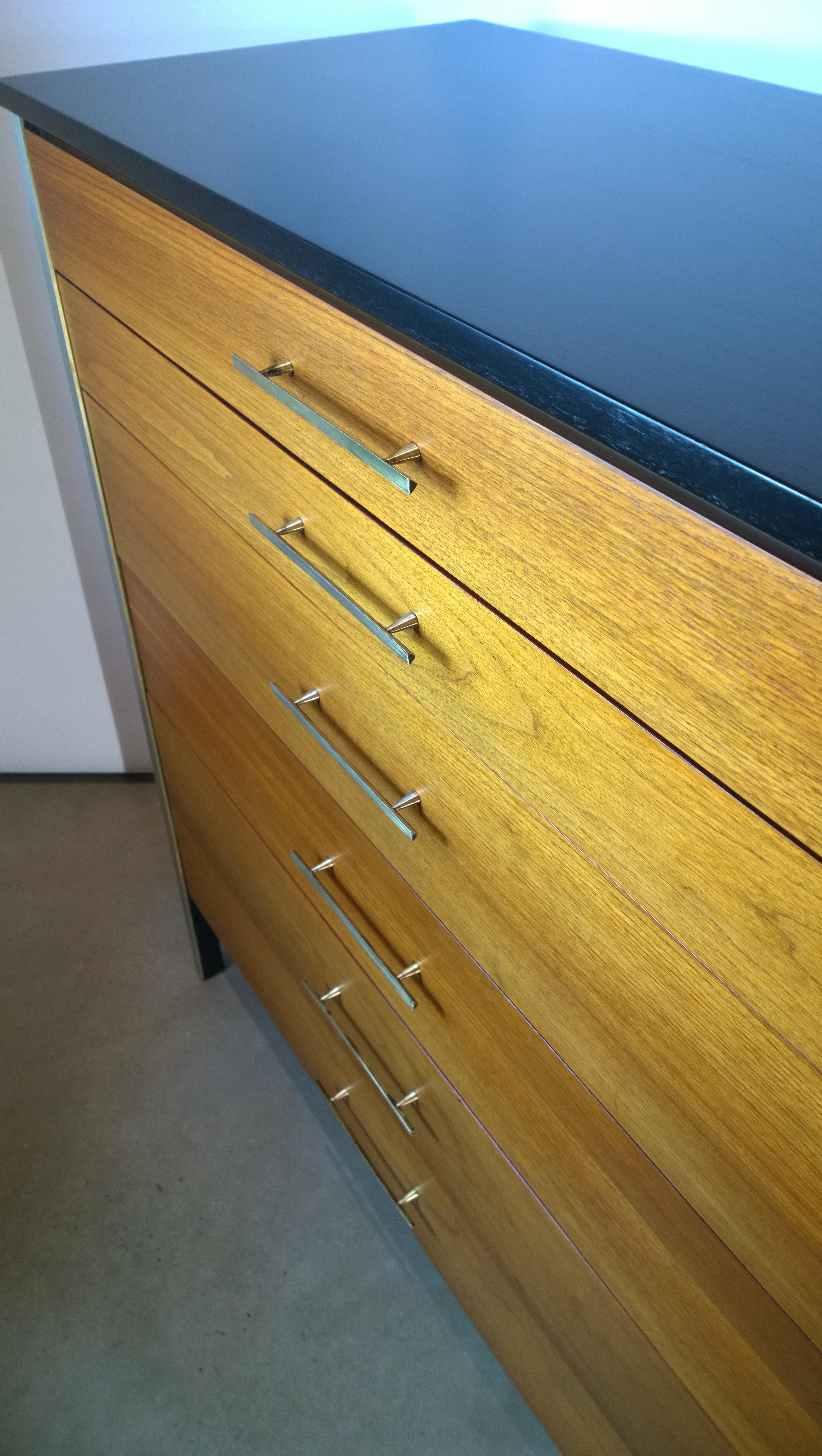 Black Frame & Natural Walnut 6-Drawer w/ Brass Pulls Chest of Drawers / High Boy For Sale 4