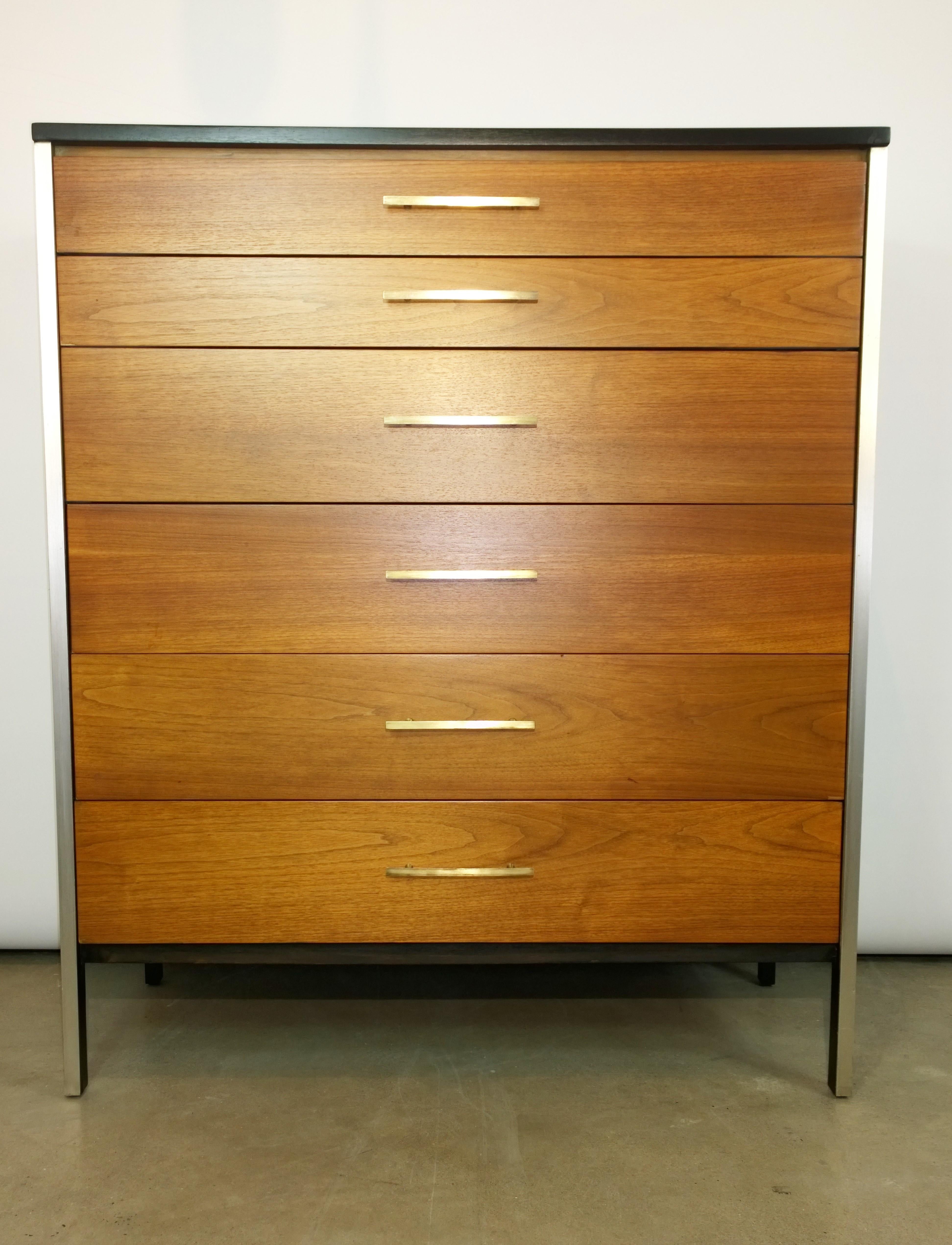 Black Frame & Natural Walnut 6-Drawer w/ Brass Pulls Chest of Drawers / High Boy For Sale 6