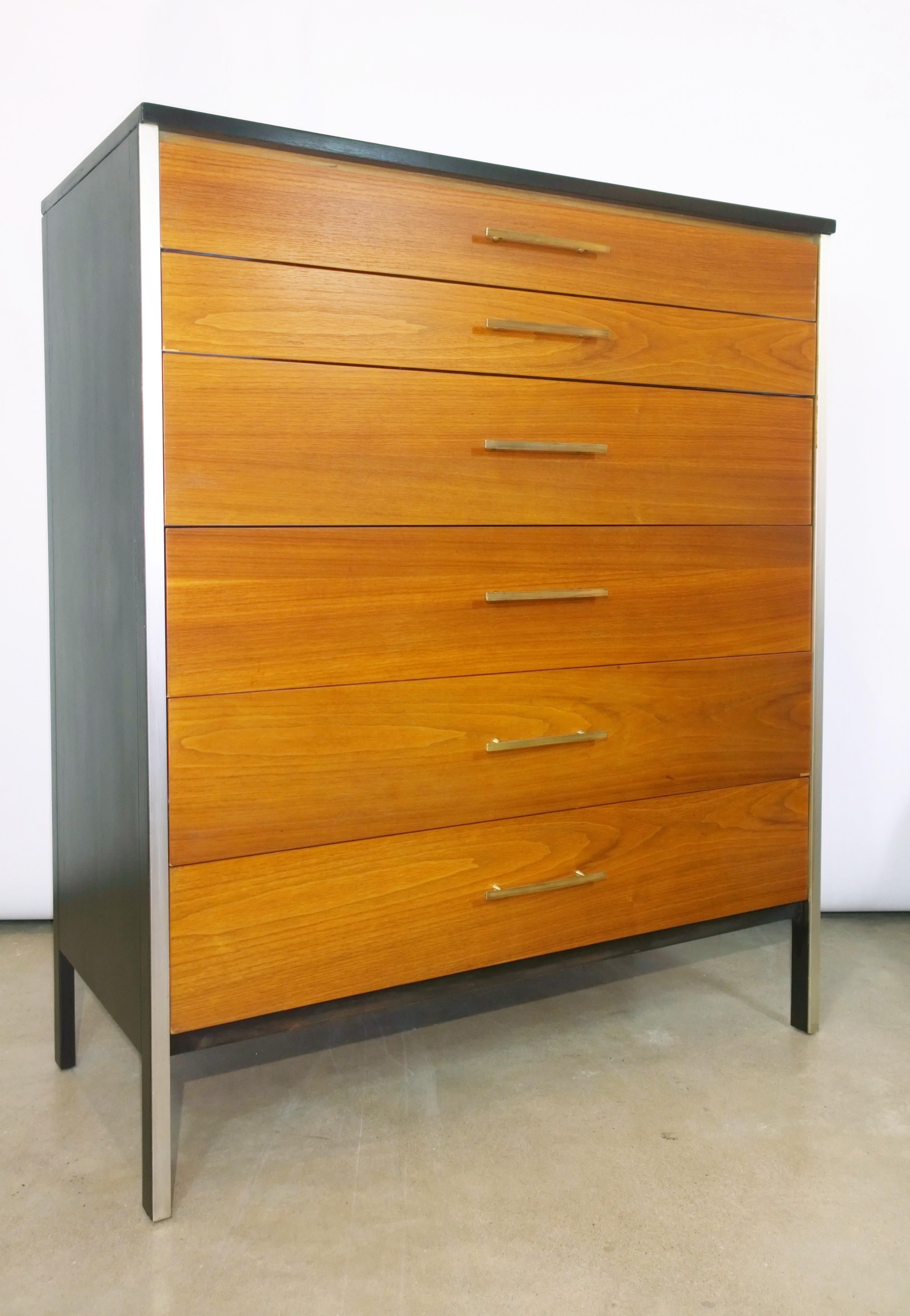 Mid-Century Modern Black Frame & Natural Walnut 6-Drawer w/ Brass Pulls Chest of Drawers / High Boy For Sale