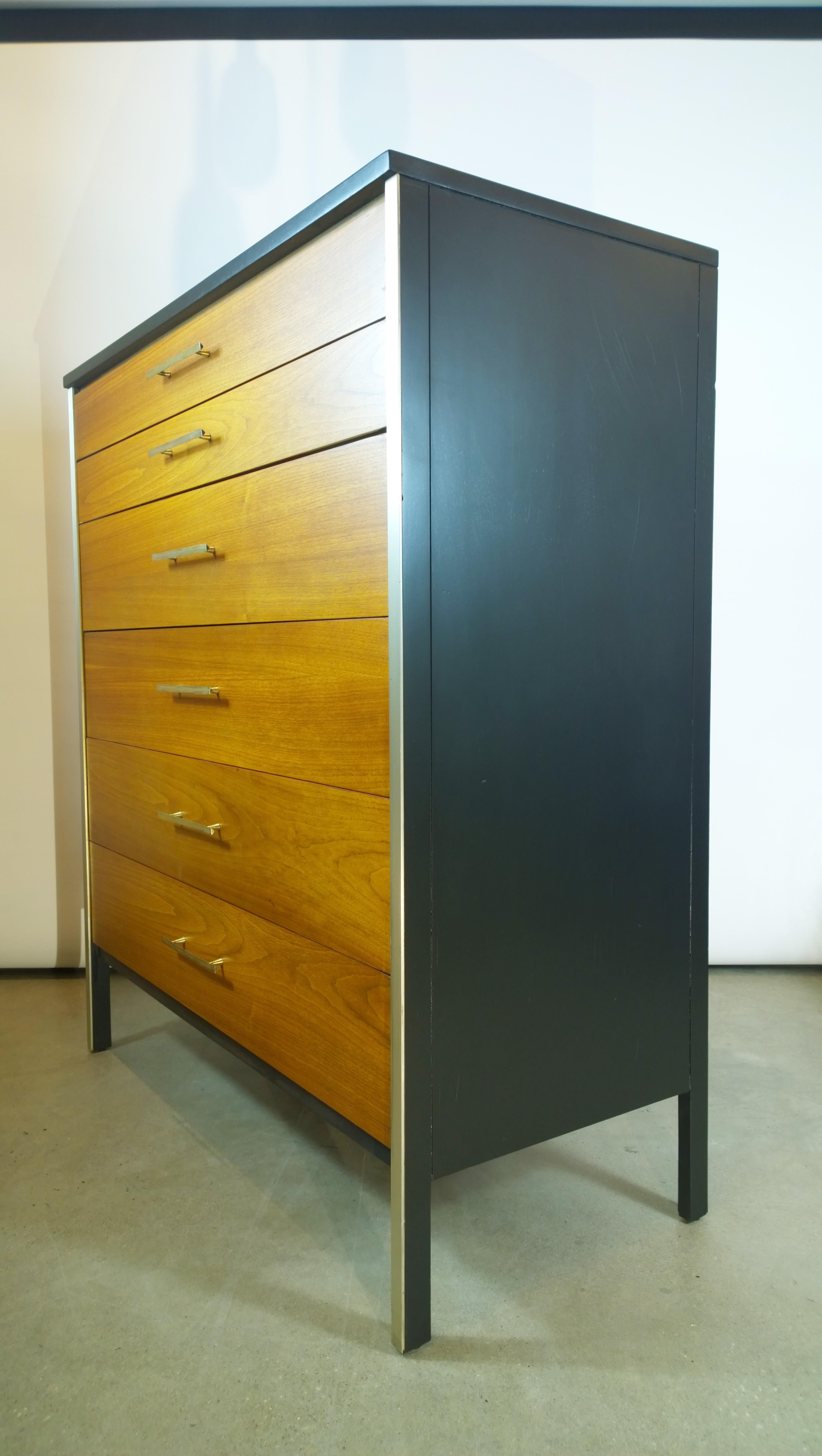 American Black Frame & Natural Walnut 6-Drawer w/ Brass Pulls Chest of Drawers / High Boy For Sale