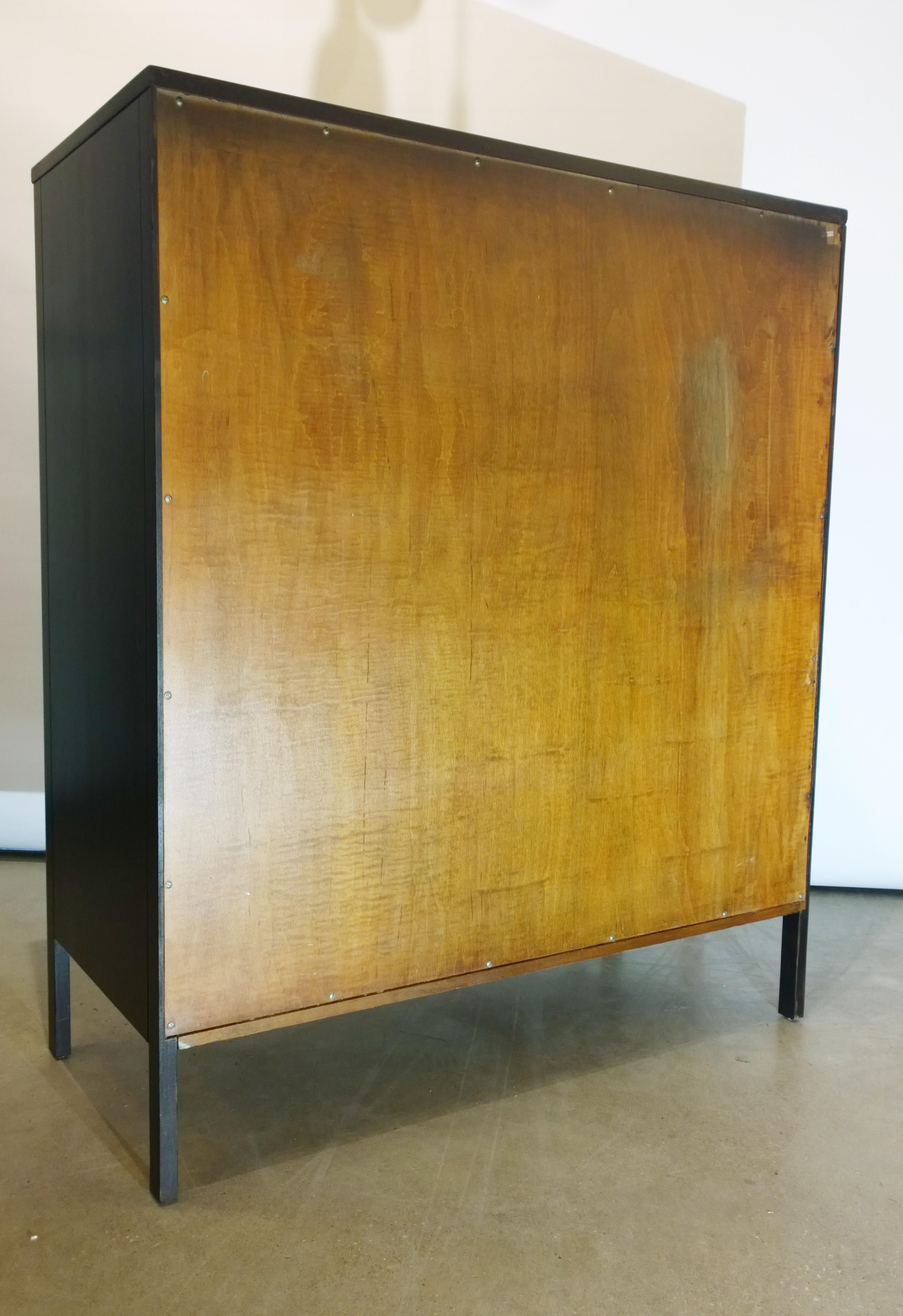 Mid-20th Century Black Frame & Natural Walnut 6-Drawer w/ Brass Pulls Chest of Drawers / High Boy For Sale