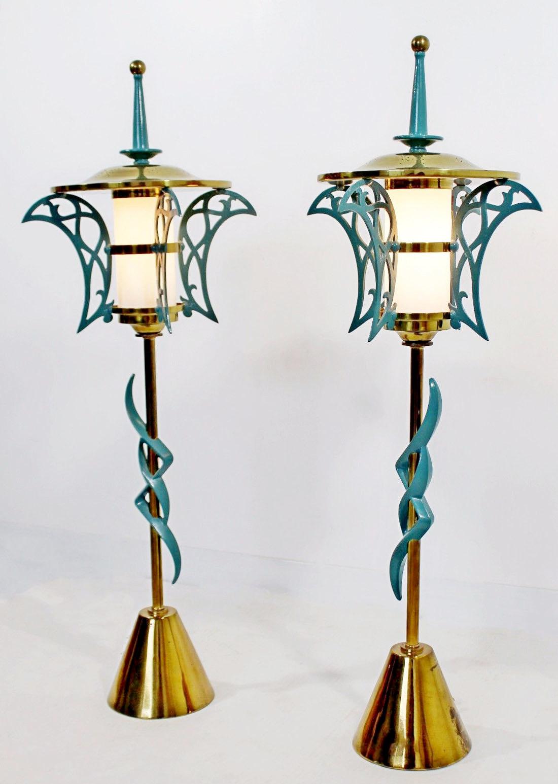 For your consideration is a magnificent pair of solid brass table lamps, cold painted, with wood finials and glass inserts, from Rembrandt, circa 1957. From the Doral Country Club. In excellent vintage condition. See pictures for condition. The