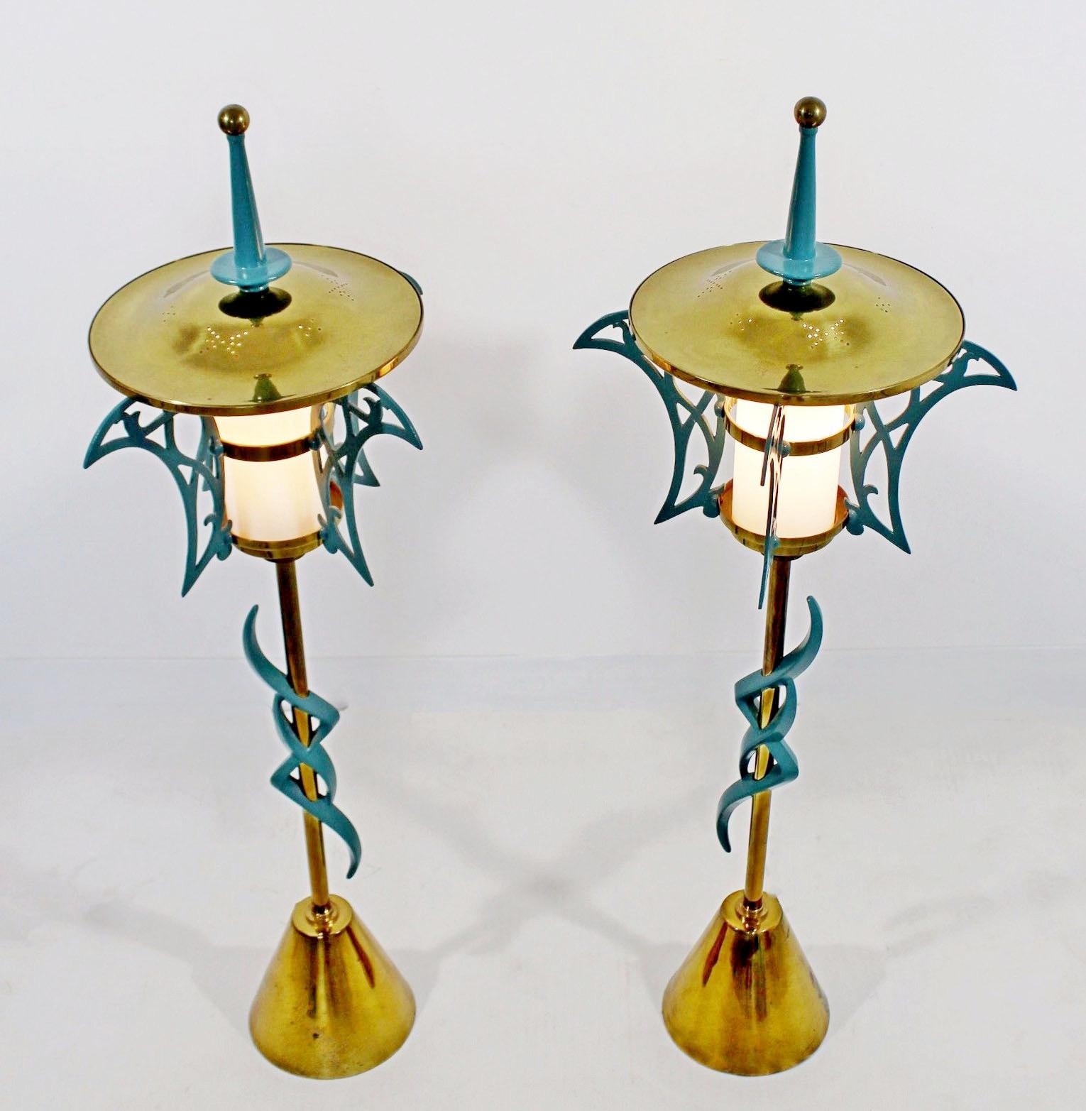 American Mid-Century Modern Rembrandt Pair of Solid Brass Table Lamps Cold Painted, 1957
