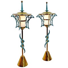 Mid-Century Modern Rembrandt Pair of Solid Brass Table Lamps Cold Painted, 1957