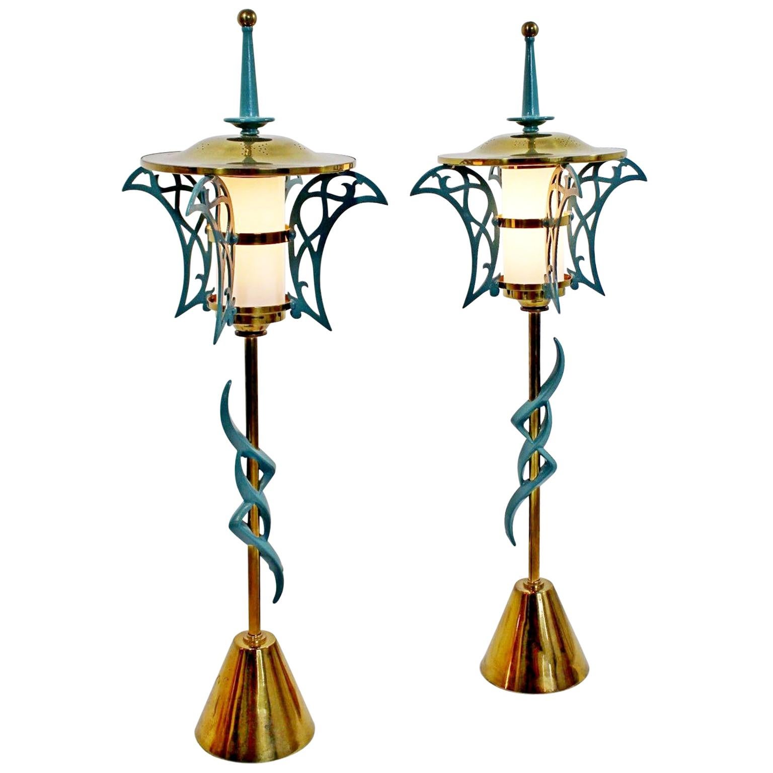 Mid-Century Modern Rembrandt Pair of Solid Brass Table Lamps Cold Painted, 1957