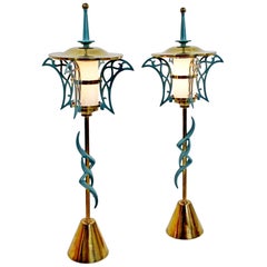 Mid-Century Modern Rembrandt Pair of Solid Brass Table Lamps Cold Painted, 1957
