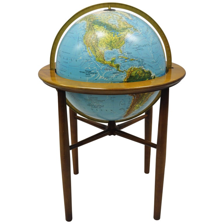 MidCentury Modern Replogle Illuminated Floor Globe on Wooden Base